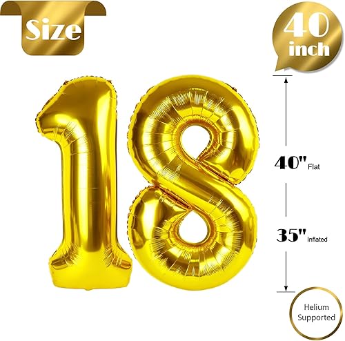 Miniatura 6 de Globo dorado del número 18 de 40 pulgadas, globo del número 18, decoraciones de cumpleaños dorados de 18 años, suministros de fiesta dorados para