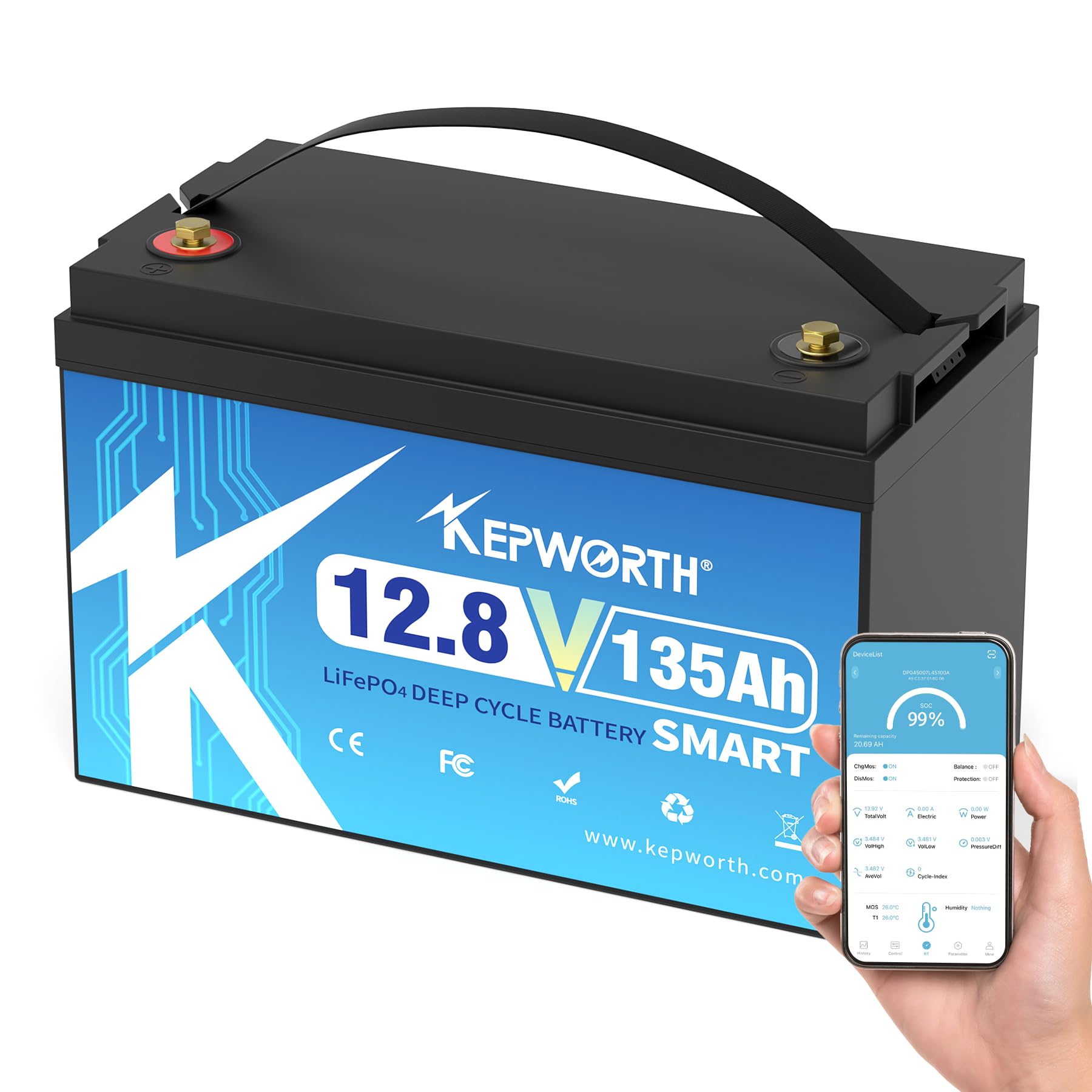KEPWORTH 12.8V 135Ah LiFePO4 Battery, Rechargeable Lithium Batteries, UP to 4000+ Deep Cycles, Grade A Lithium Iron Phosphate Cells, for Trolling Motor, Boat, Rv, Solar, Off-Grid…