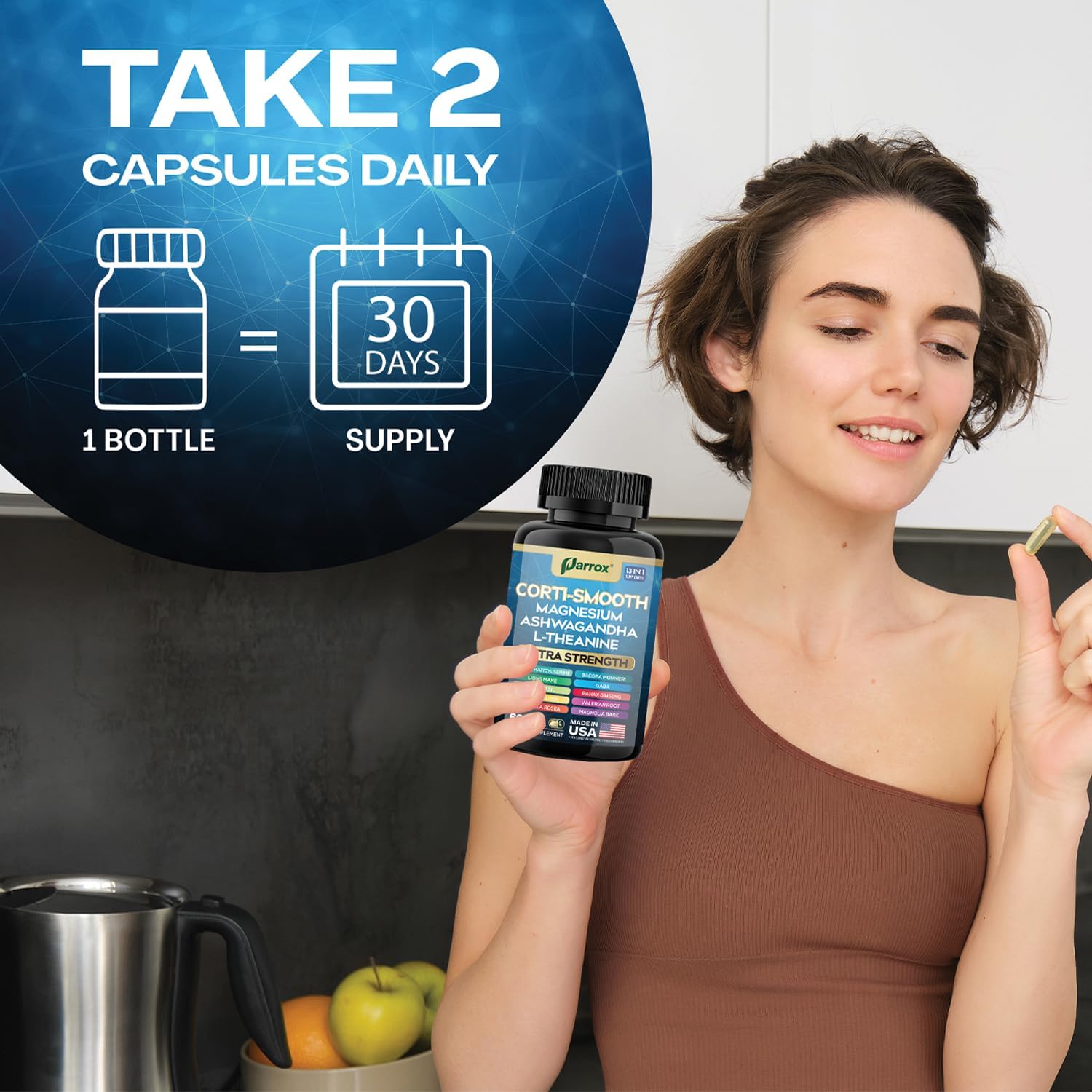 Corti-Smooth Cortisol Supplement Magnesium, L-Theanine, Ashwagandha, Phosphatidylserine, Valerian Root, Lions Mane, Bacopa Monnieri, Ginkgo Biloba, Panax Ginseng, Magnolia Bark, GABA (60 Caps) - Image 7