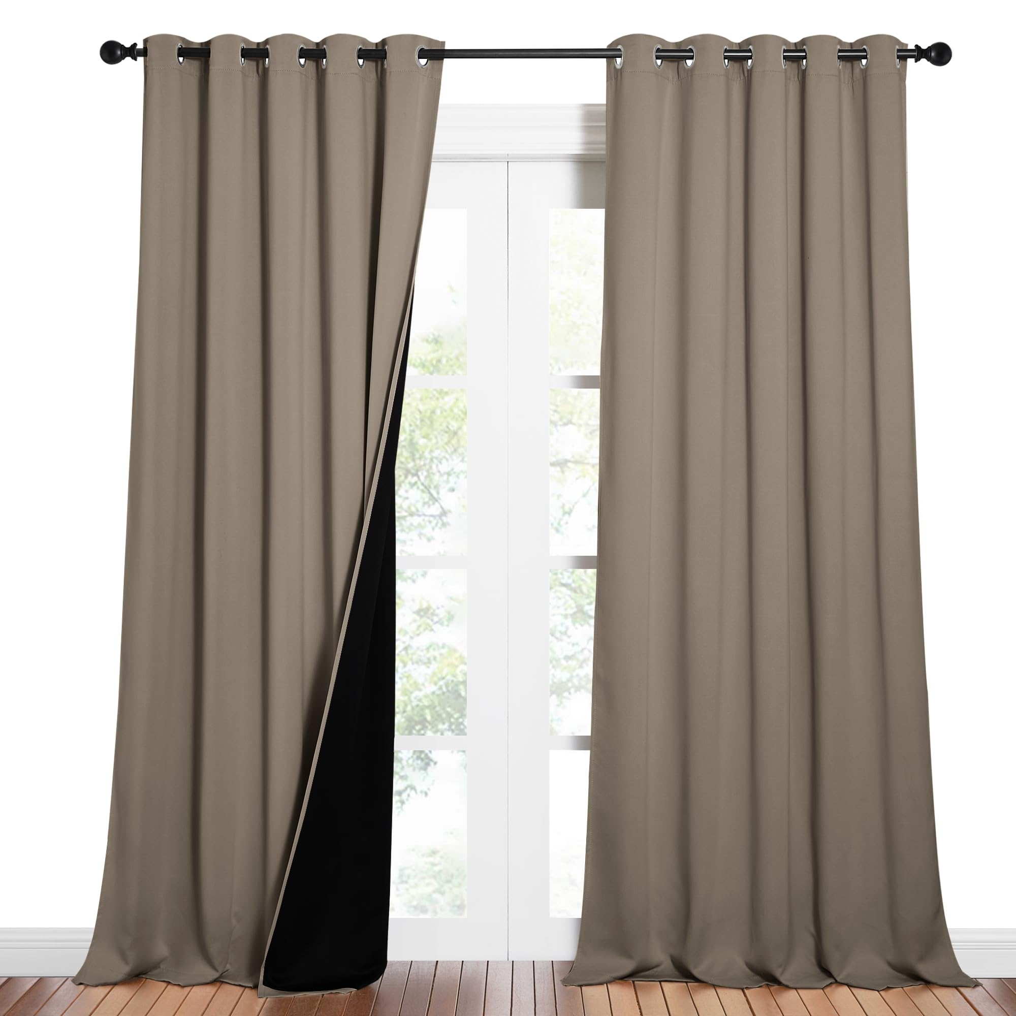 NICETOWN Total Shade Curtains and Draperies, Heavy-Duty Full Light Shading Drapes with Black Liner Backing for Villa/Hall/Dorm Window（Taupe, Package of 2 Panels, 62 inches Wide x 95 inches Long