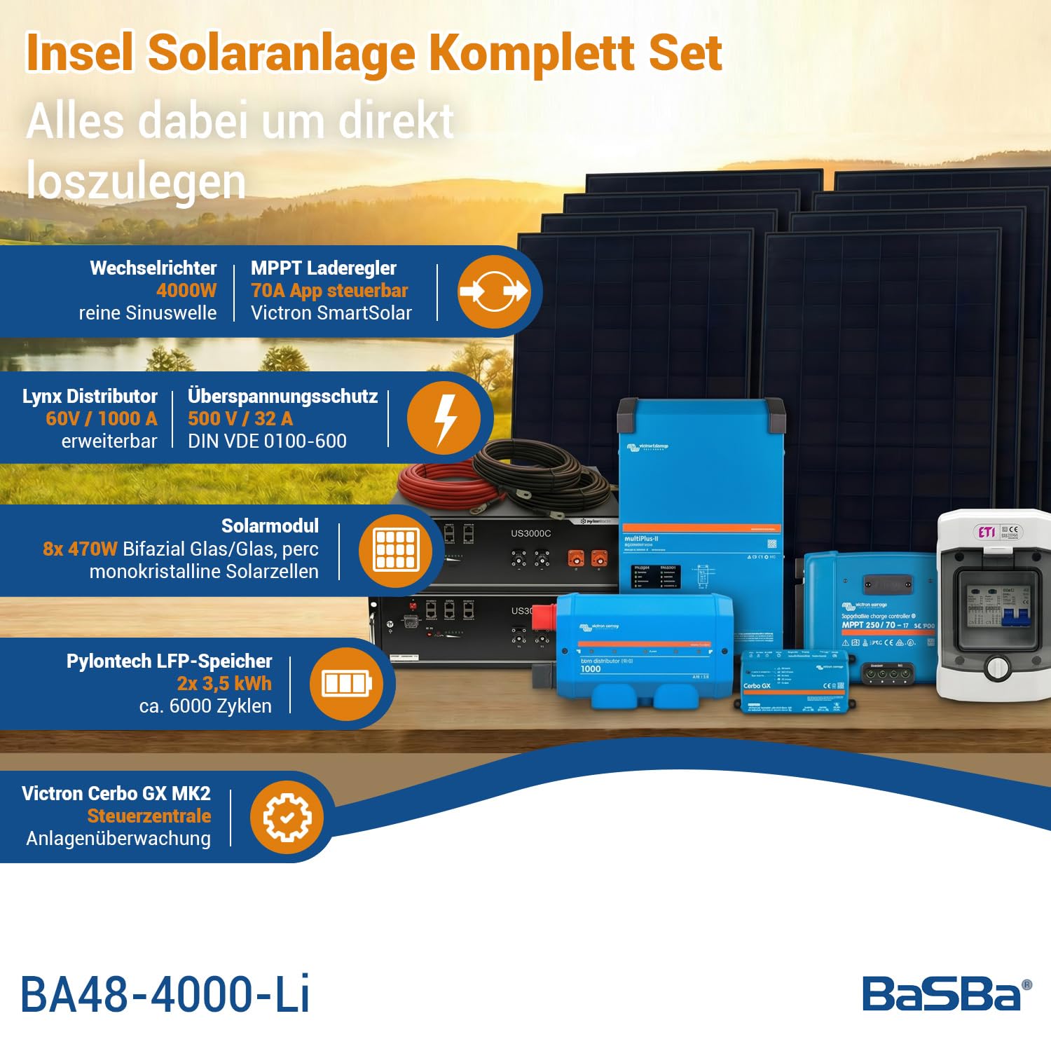 Insel Solaranlage PV-Anlage 5,0kW AC 7,2kWh Speicher, 3440WP Panele, LFP-Batterie, Victron Technik