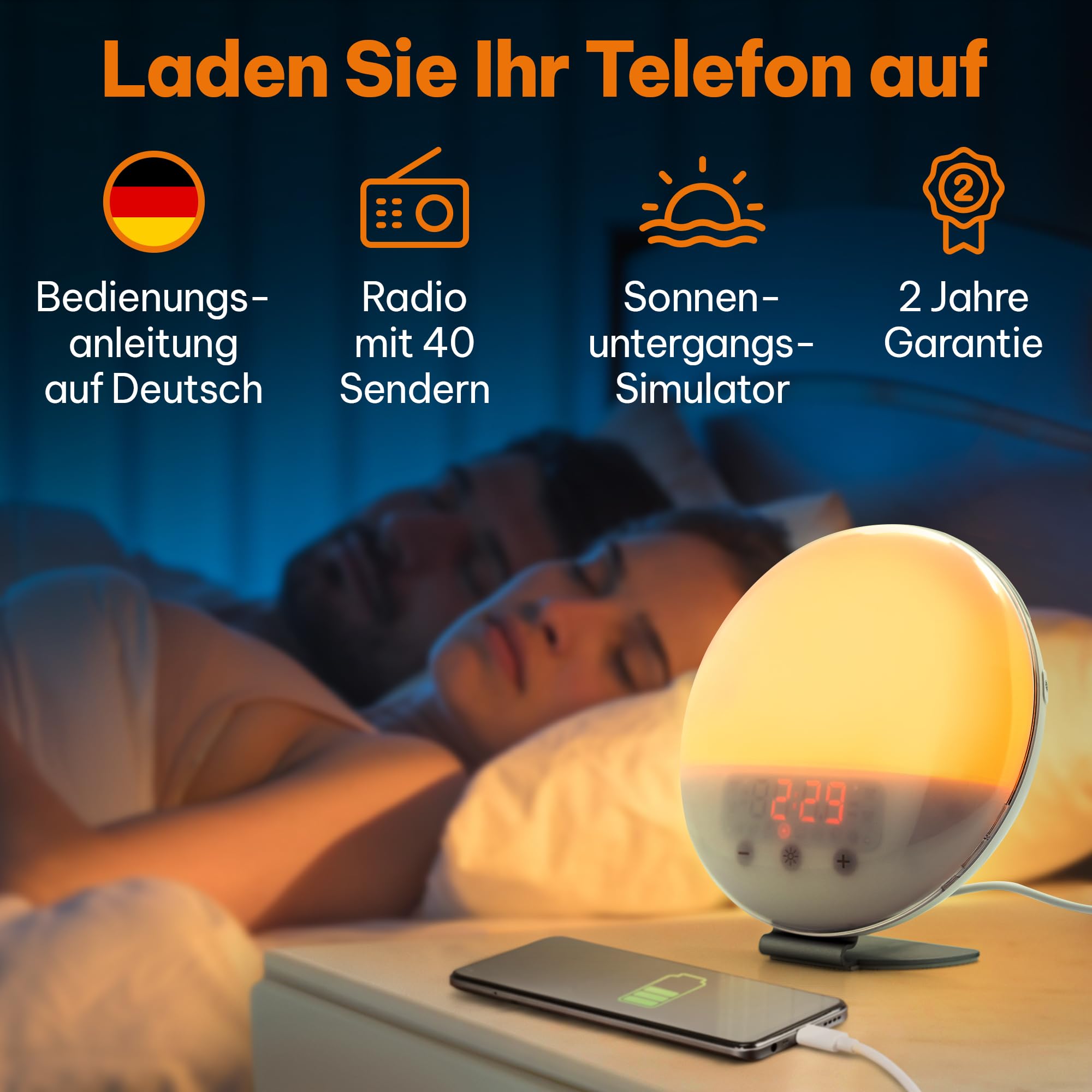 Lichtwecker – Tageslichtwecker für ein Erwachen im Licht – Lichtvolles Erwachen mit einem Schwarze-Nacht-und Weiße-Geräusche-Modus – Sonnenlichtsimulation, Dämmerungssimulator