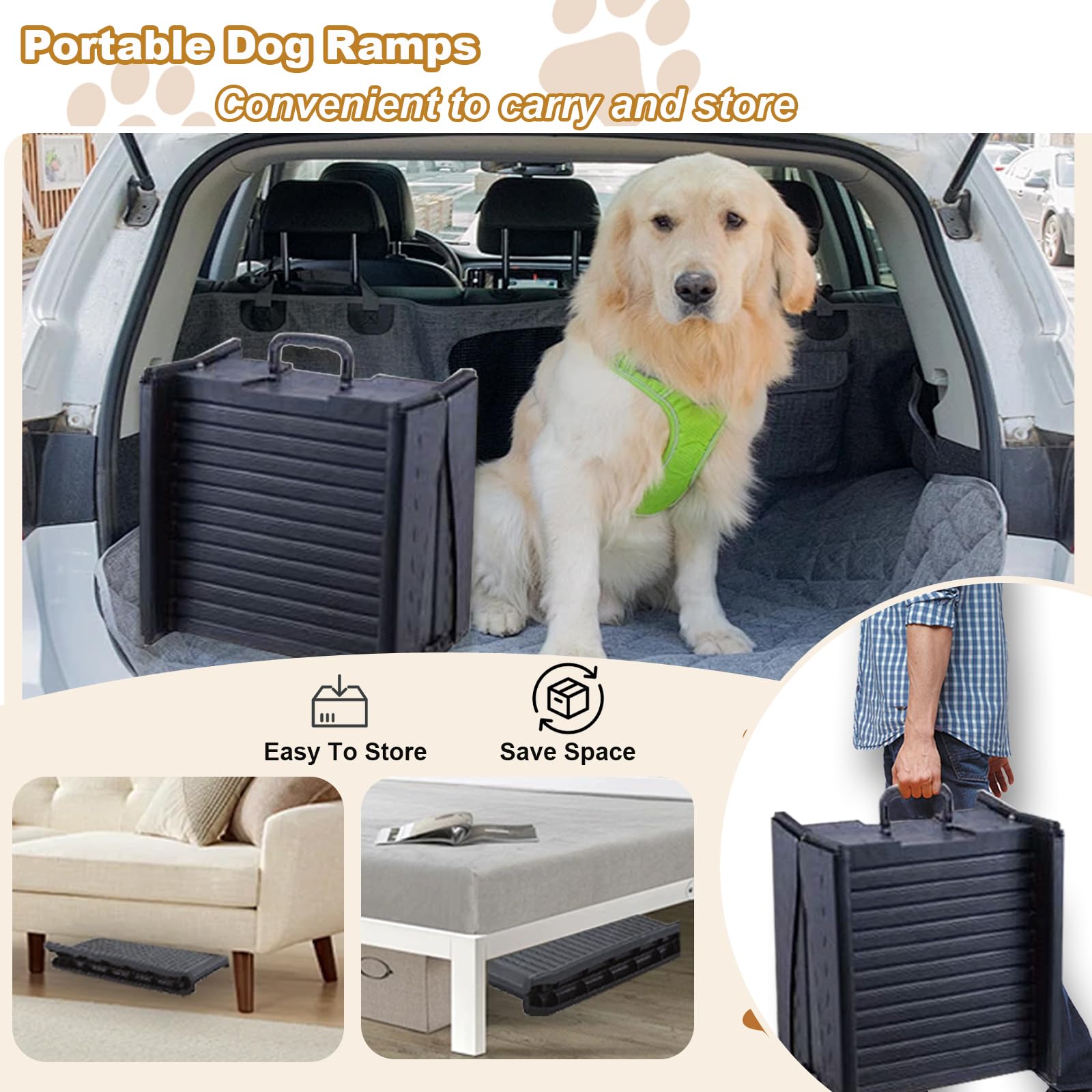 Rampes pliables pour chiens 152 cm, rampe portable avec poignée, surface antidérapante, pour animaux jusqu'à 75 kg, pour voiture SUV camion