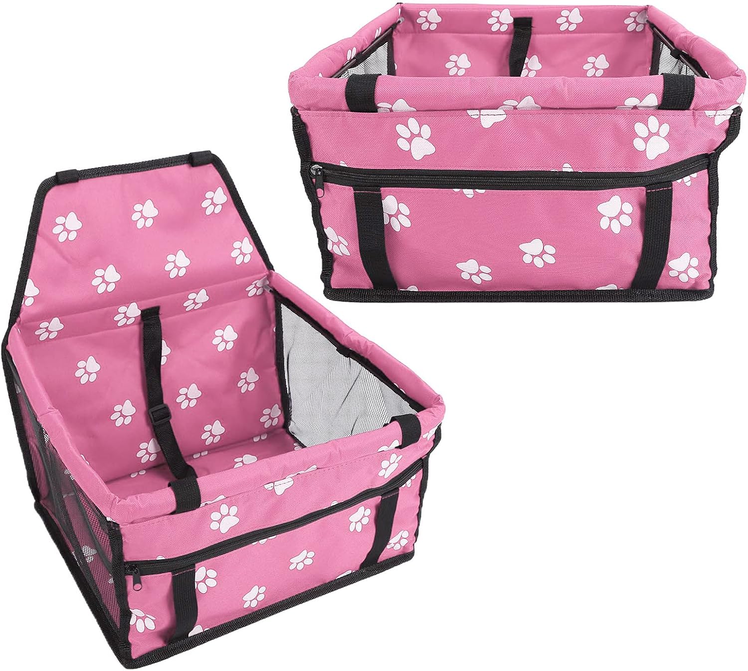 Bear Pattern Pet Carrier Cage, Washable and Foldable Car Safety Seat for Pets, Adjustable Strap with Support Rod, Oxford Cloth Material, Easy to Install (Pink Claw Print Support Rod Model)