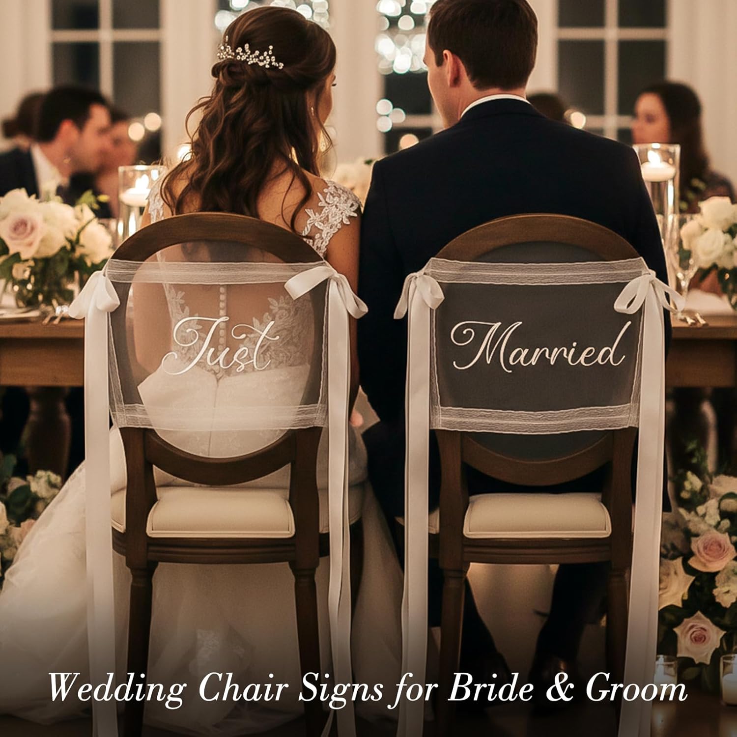 Just Married Wedding Chair Sign, Sheer Lace Bride & Groom Chairs Back Decoration with Ribbon, Sweetheart Table Seating Decor for Wedding Reception Ceremony Photo Backdrop, Bridal Shower Gift Set of 2