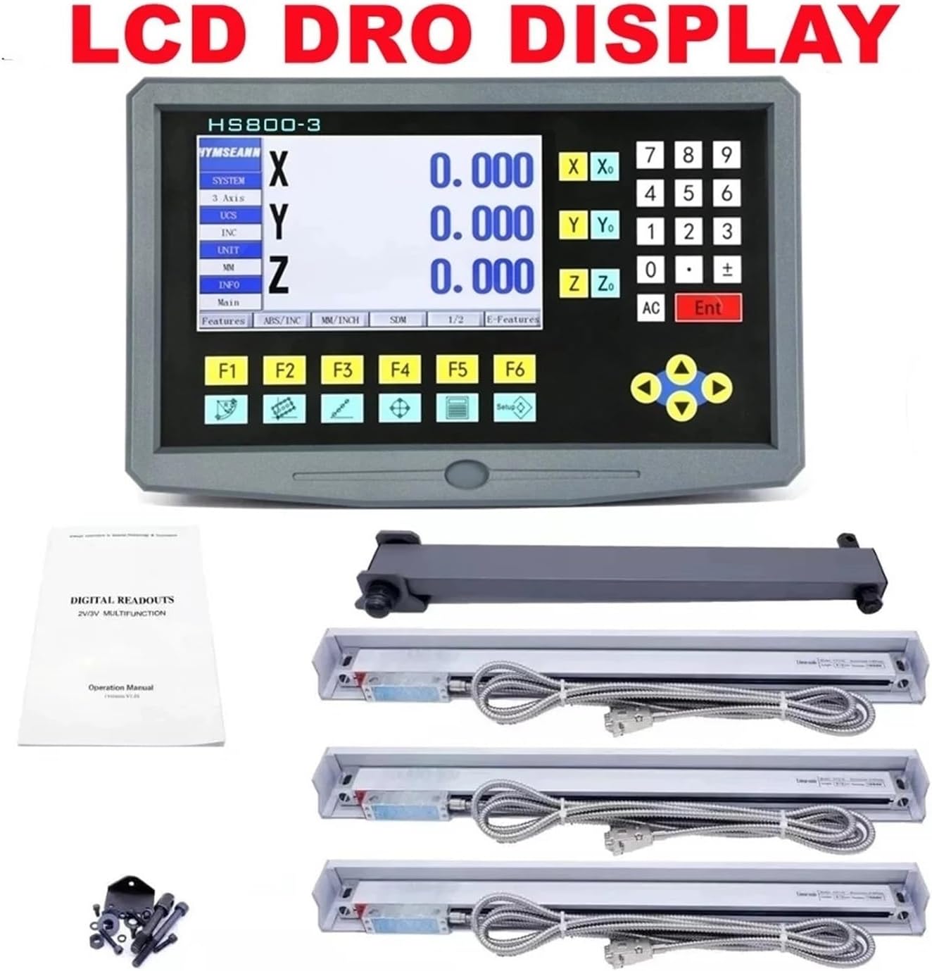 3 Axis LCD DRO Set Digital Readout System and 3PCS 5U Linear Scale Optical Ruler Line 50-1000mm for Lathe Mill Machine (Hs8003 with Scales 1)