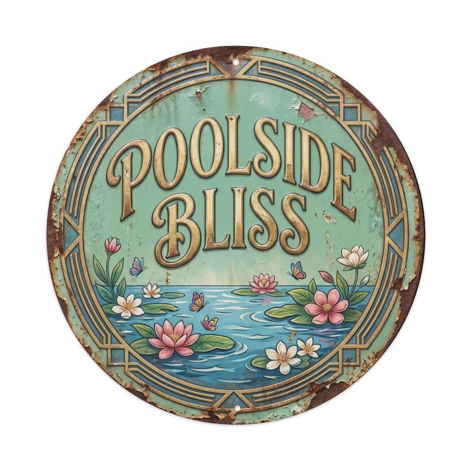Poolside Bliss Paradise Summer Tropical Resort Beach Metal Tin Sign Plaque Wall Decor for Cafe, Man Cave, Club Bar, Office, Home Garden Round Metal Poster 8x8Inch