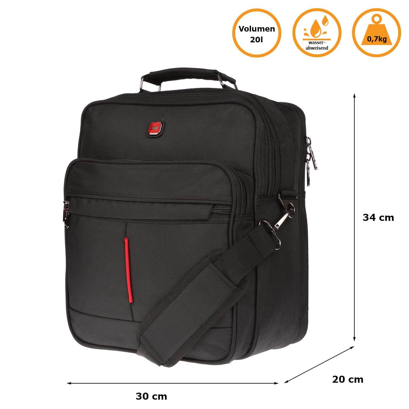Christian Wippermann Arbeitstasche Herren - Hochwertige Flugbegleiter Tasche - Nylon Wasserabweisend, 30x34x20cm - 2 Hauptfächer mit Laptopfach - Abnehmbarer Trageriemen - 20L Volumen