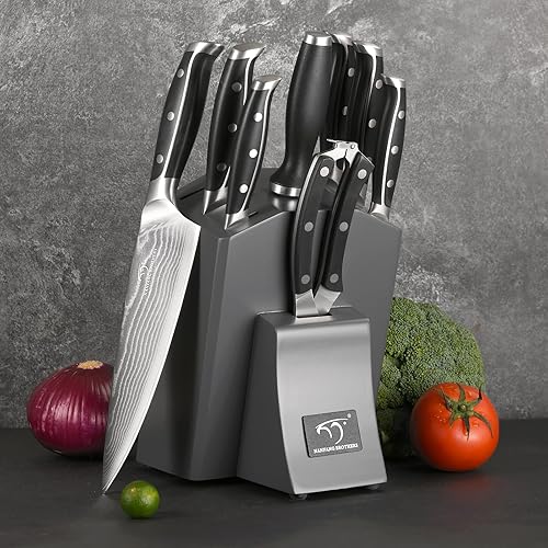 Miniatura 6 de Damasco - Juego de cuchillos de cocina con bloque, acero Damasco VG10 con mango de triple remache incluido cuchillo de chef, Santoku, utilidad, pan,