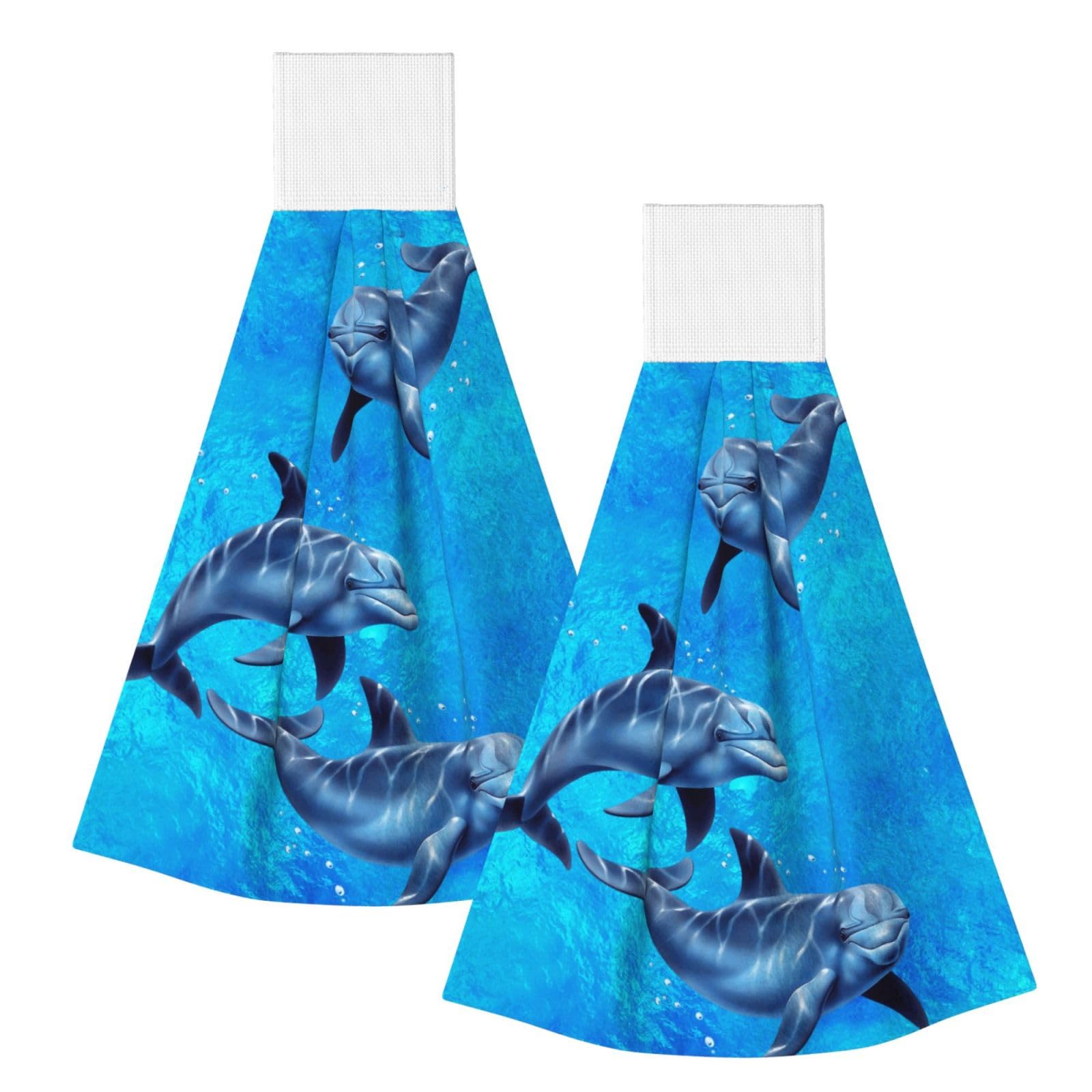DOPKLNA Dolphins, 2 Pcs Hanging Coral Fiber Hand Towels for Bathroom, Absorbent Kitchen Towels