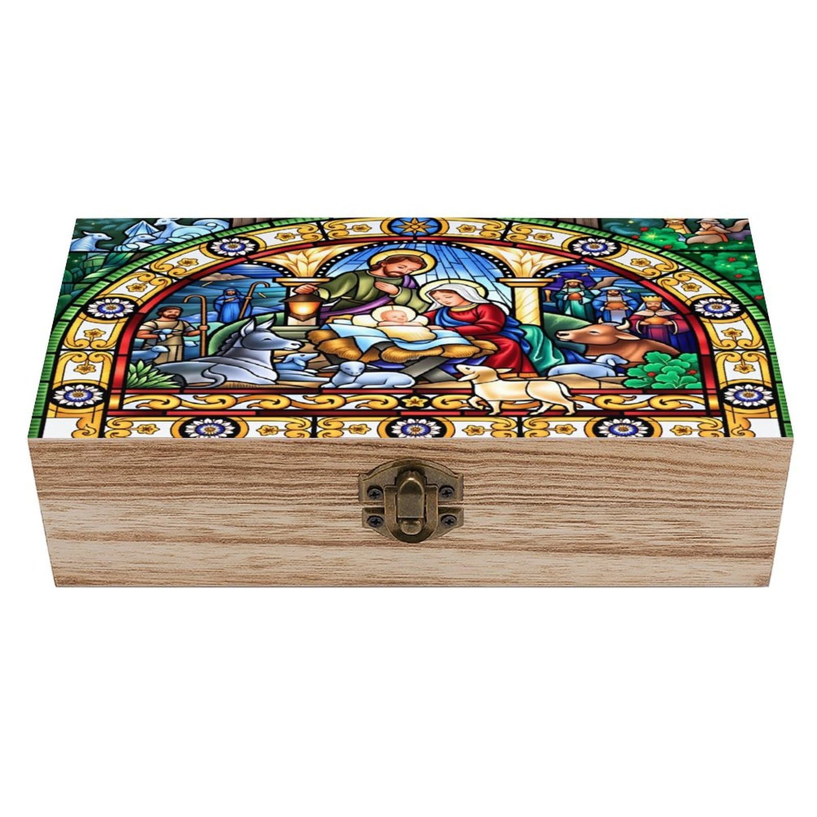asbwuo Stained Glass Nativity Vintage Wooden Keepsake Box
