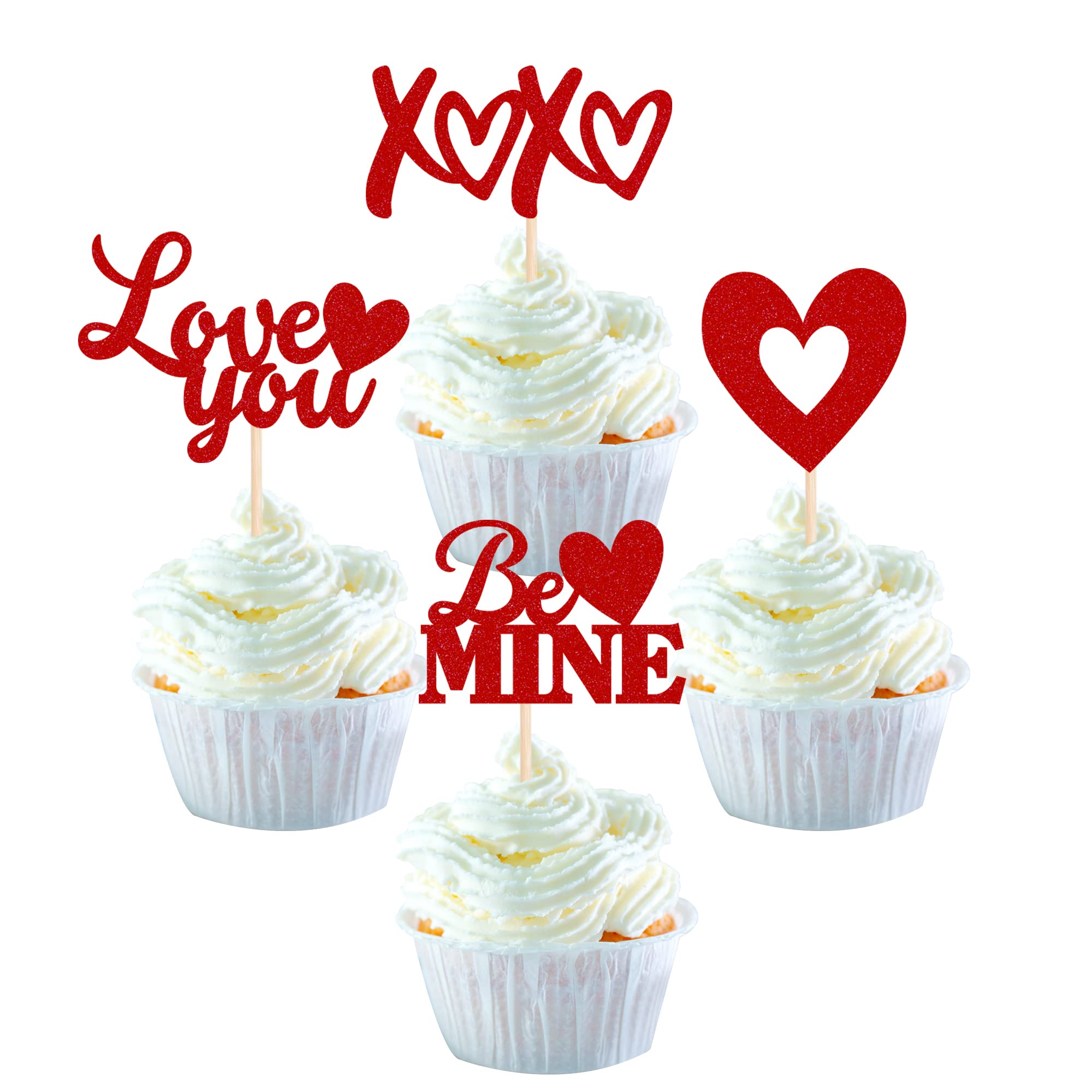 24 Pcs Valentine's Day Cupcake Toppers - Glitter Red Heart XOXO Be Mine Decorations For Parties, Bridal Showers, Desserts