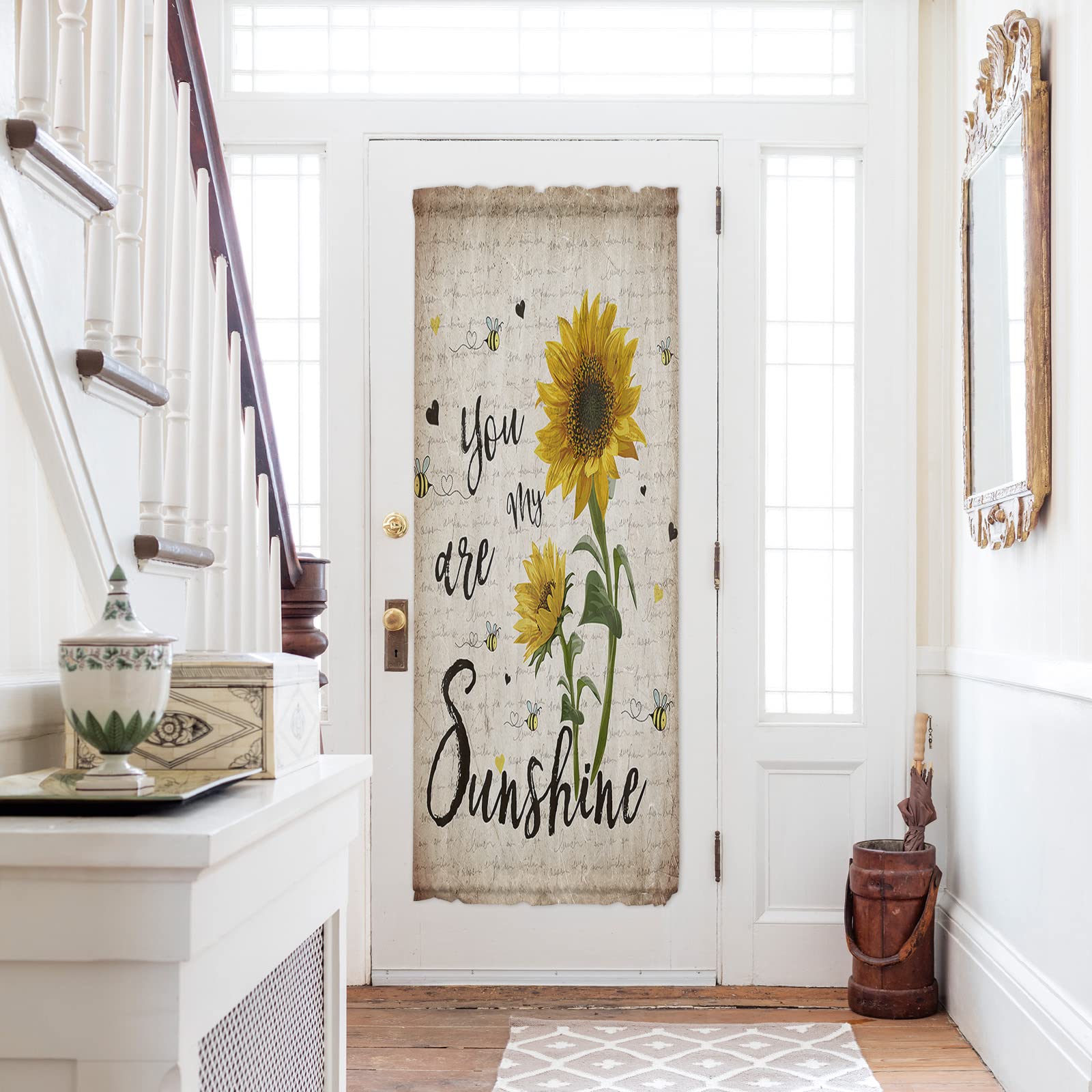 Edwiinsa Sunflowers Door Curtains 54x72 Inches, Flowers Rustic Newspaper Farmhouse French Door Curtain Light Filtering You are My Sun Shine Sidelight Curtains for Patio Door/Sliding Door/Outdoor