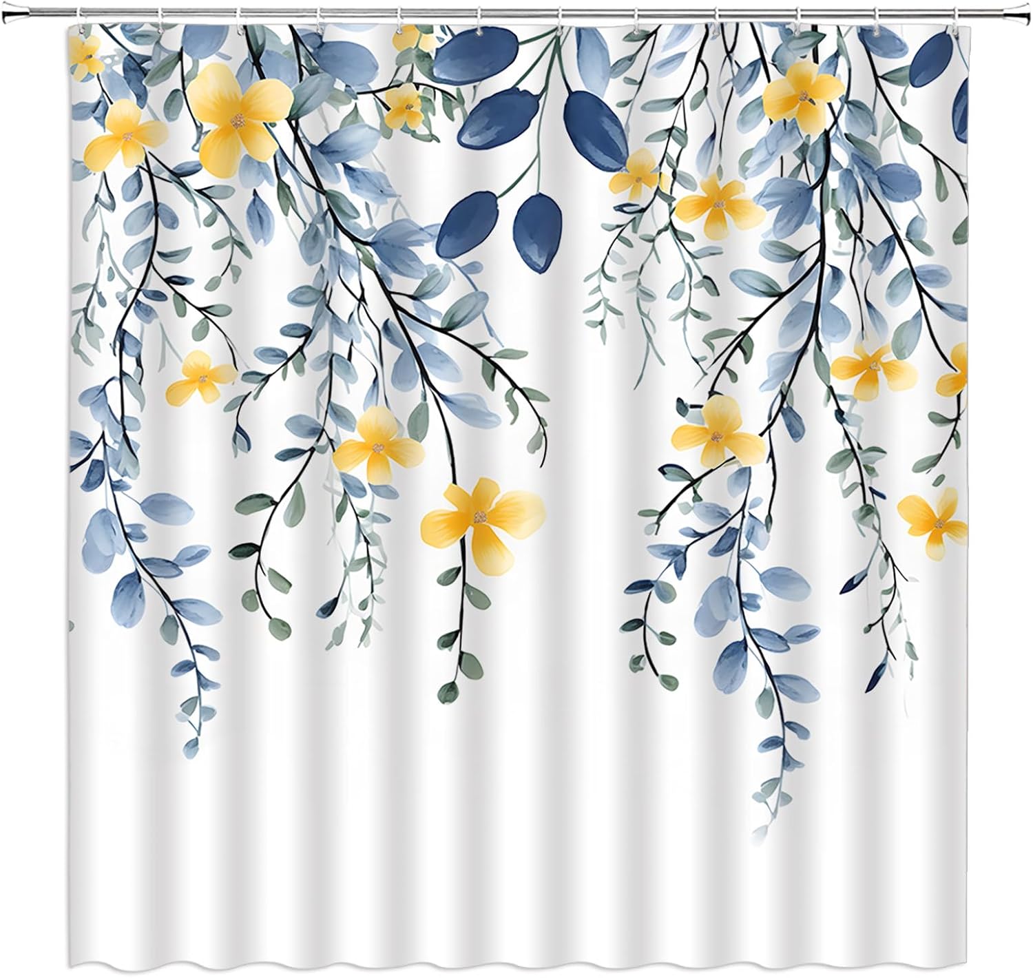 Leaves Floral Shower Curtain Blue Eucalyptus Watercolor Flower Nature Plant Botanical Boho Leaf Fresh Rustic Fabric Bathroom Decor Curtains with Hooks,70" Wx96 H,Blue Yellow White
