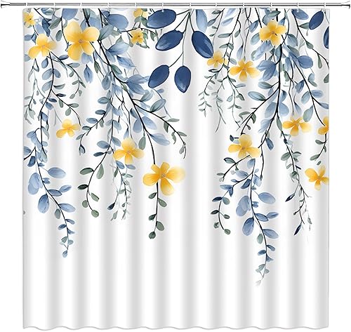 Cortina de ducha con diseño de hojas florales, eucalipto azul, acuarela, plantas naturales, botánicas, bohemias, tela fresca, rústica, decoración de