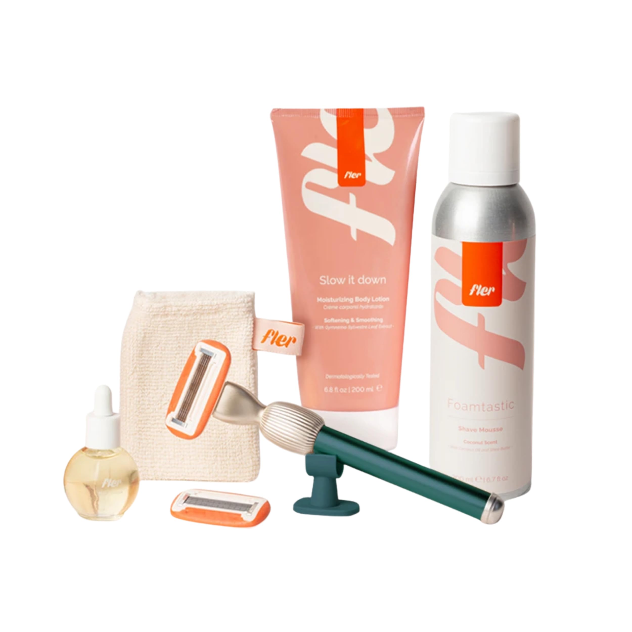 Fler Dream Team Set - Maquinilla de Afeitar para Mujer, Soporte y 2 Recambios, Set con Mousse Depilatoria, Aceite Post Depilación y Crema Corporal Calmante, Cuchilla con Aloe Vera (Verde, 200ml)