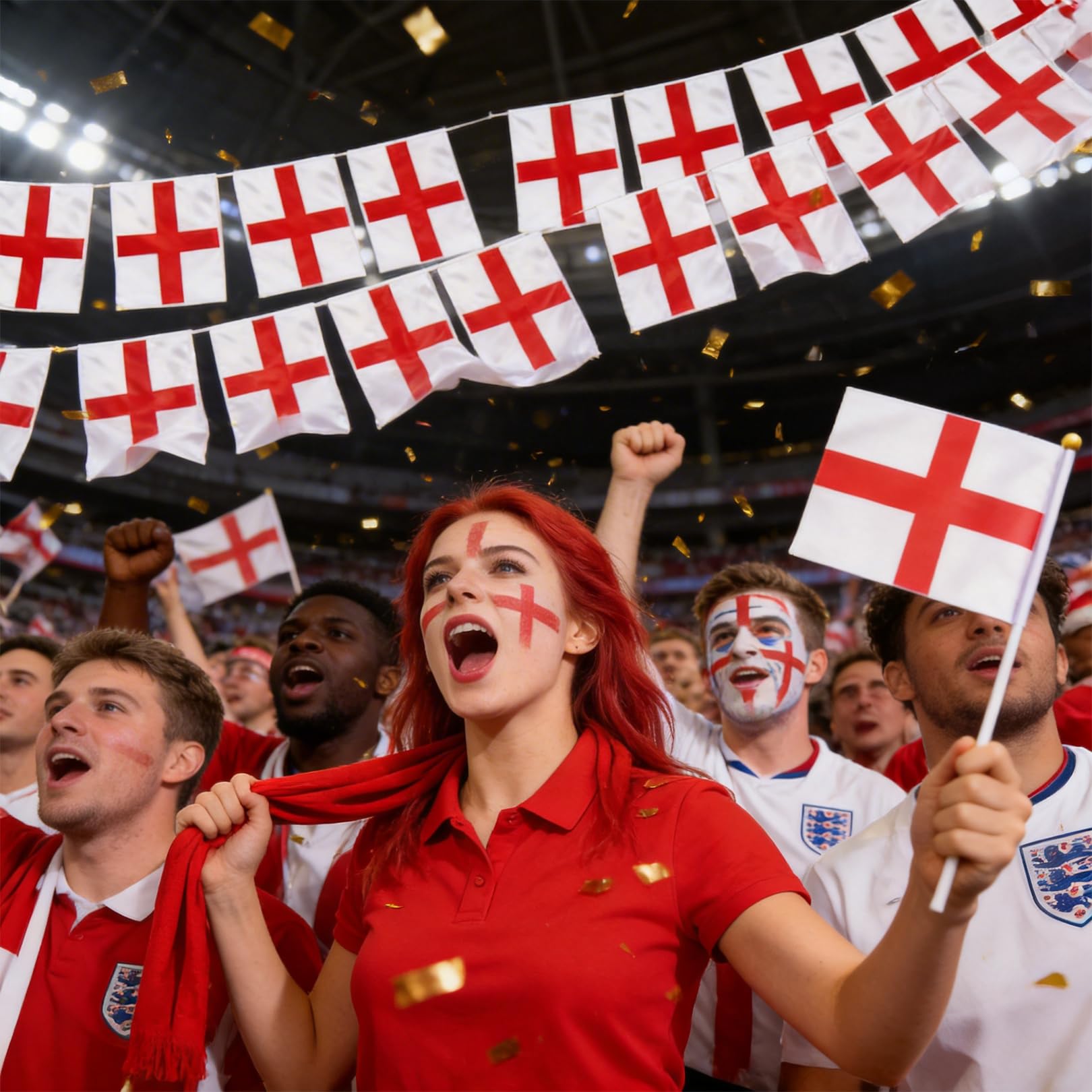 St George Bunting Flags 10m 20pcs Large Square Flags 22x30cm with 6 Hand Waving England Flag and 2 Tattoos St Georges Day Decorations England Flag Bunting for Football Rugby World Cup Outdoor Party - 5