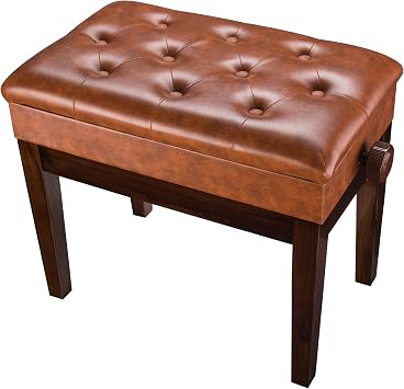 Piano Bench with Storage, Wooden Keyboard Seat, Piano Stool PU Leather Padded Cushion, Piano Chair Adjustable Height Brown