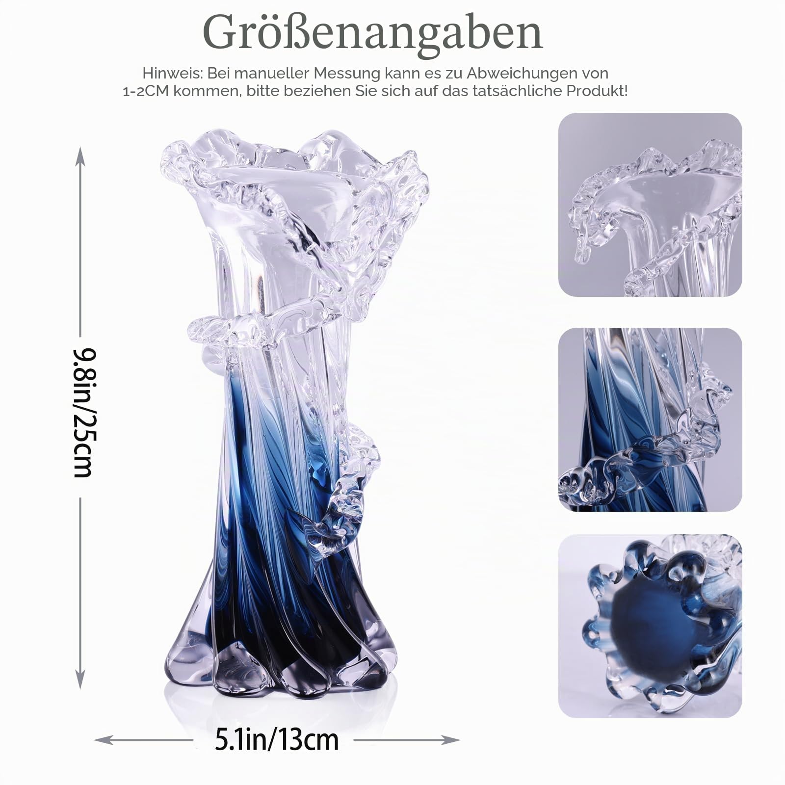 Blau-weiße klare Wellenvase mit Farbverlauf, mundgeblasene Murano-Glasvase, einzigartige Kunst, dekorativ, für Ozean-Thema, Küste, Zuhause, Mittelstück, modernes Büro, Eingangsbereich