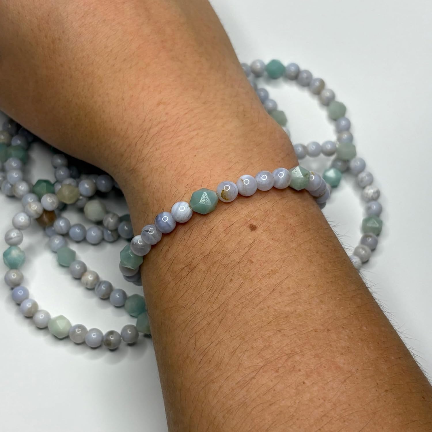 Women's Blue Lace Agate and Amazonite Beaded Stretch Bracelet - Image 3