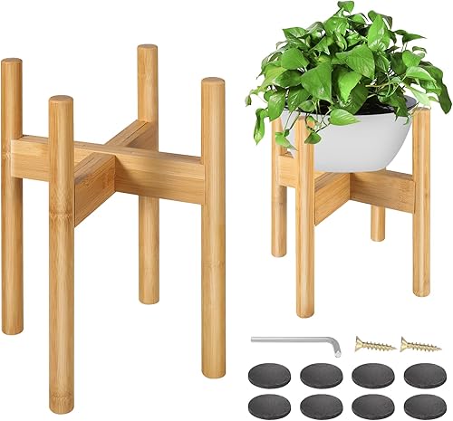 Miniatura 8 de Paquete de 2 soportes de bambú para plantas, soporte ajustable para plantas de interior, soporte moderno de mediados de siglo, soporte para plantas