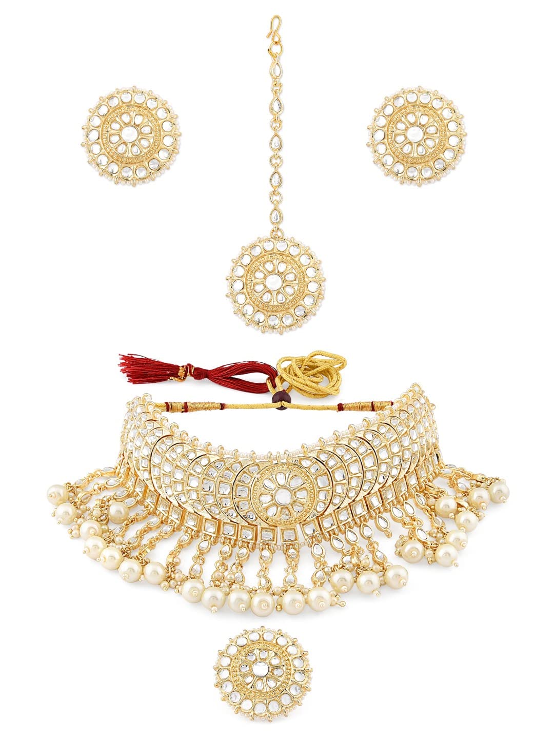 ZAVERI PEARLS Gold Tone Kundan Choker Necklace Earring Maangtikka & ring Set For Women-ZPFK11656