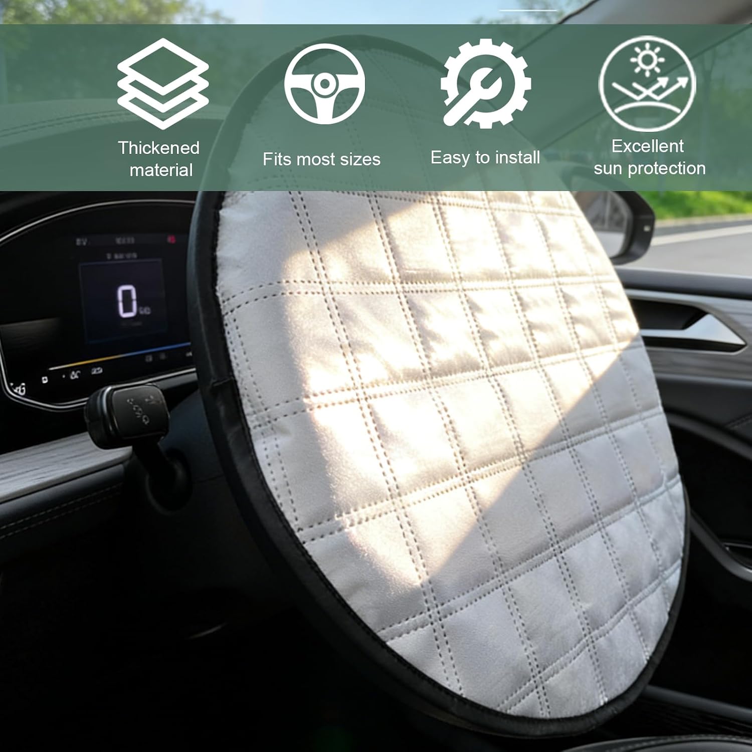 Car Steering Wheel Sunshade, 16.93" Anti-Heat Steering Wheel Protector, 3-Layer Thickened Design, Aluminum Film Car Sun & Heat Block Cover, Universal for Most Cars (Silver)