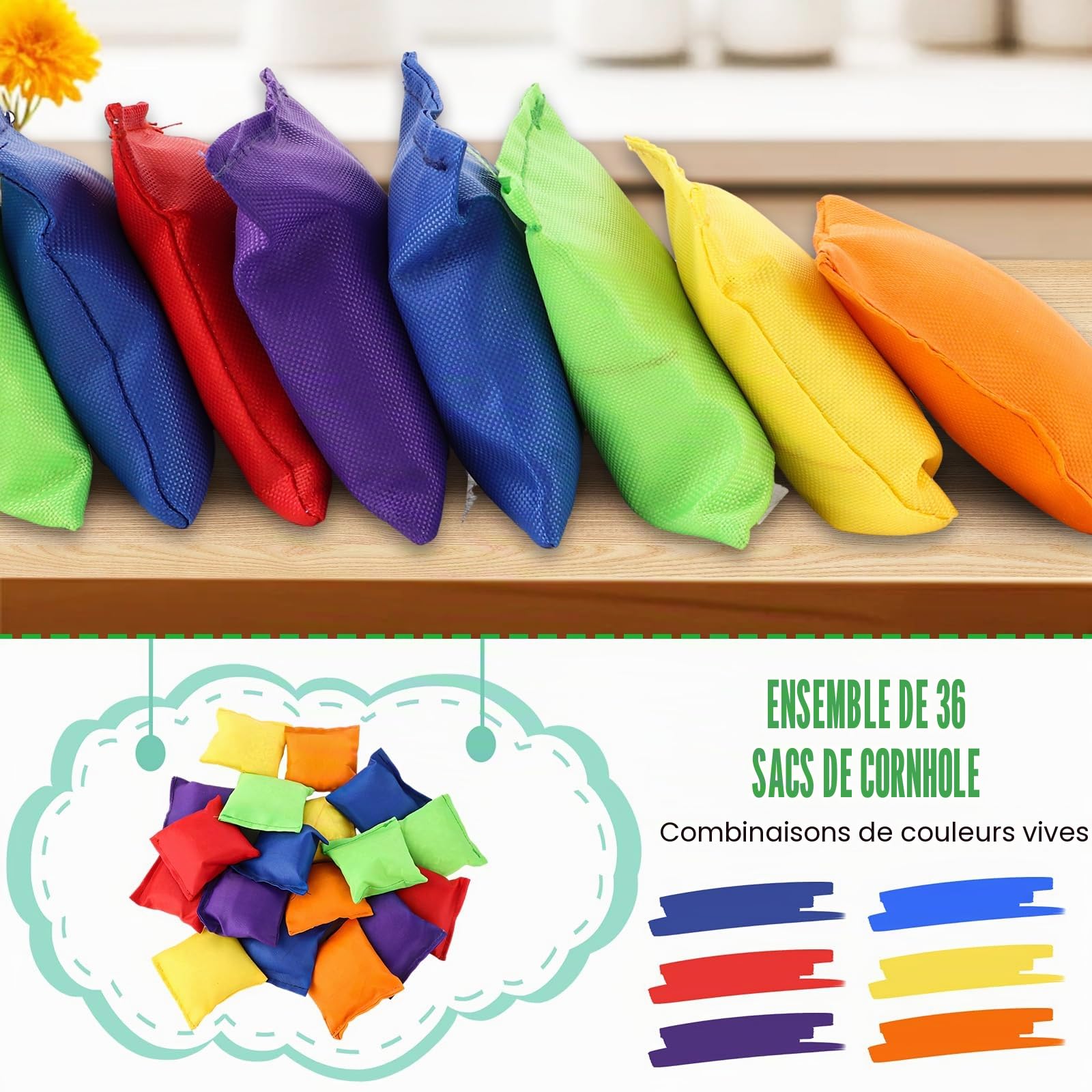 Lot de 36 sacs de cornhole - 6 couleurs - 7 x 7 cm - En nylon - Poufs de sable - Pour jeux de sport - Adultes - Pour jeu de cornhole