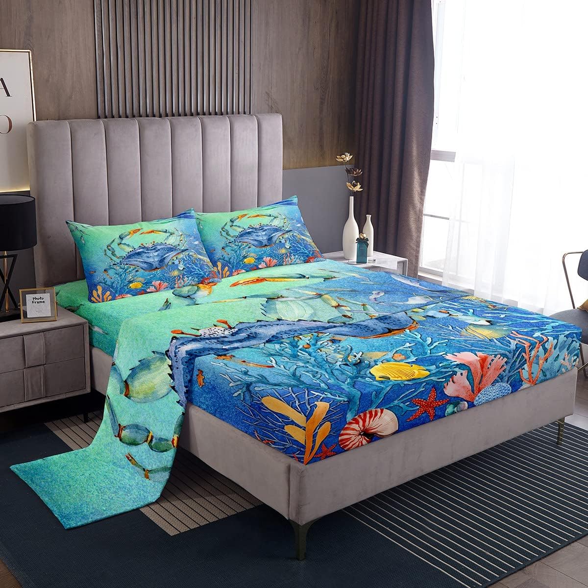 Teal Crab Bed Sheet King, Kids 3D Crabs Sheet Set with Deep Pocket, Boys Blue Green