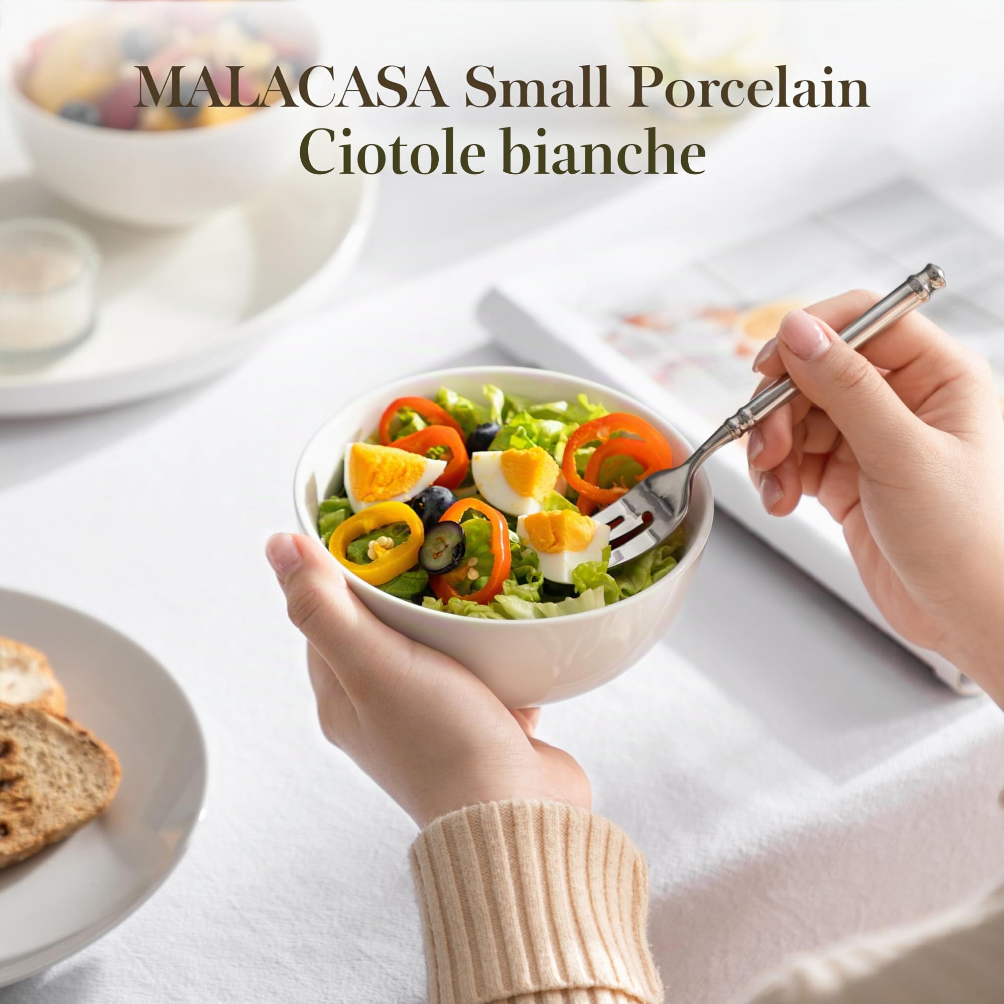 MALACASA Set di 8 Ciotole in Porcellana Bianca da 420 ml, 12,7 x 6,2 cm - Perfette per Cereali, Zuppe, Insalate e Dessert, Ideali per Colazioni e Cene in Famiglia, Adatte al Microonde e Lavastoviglie