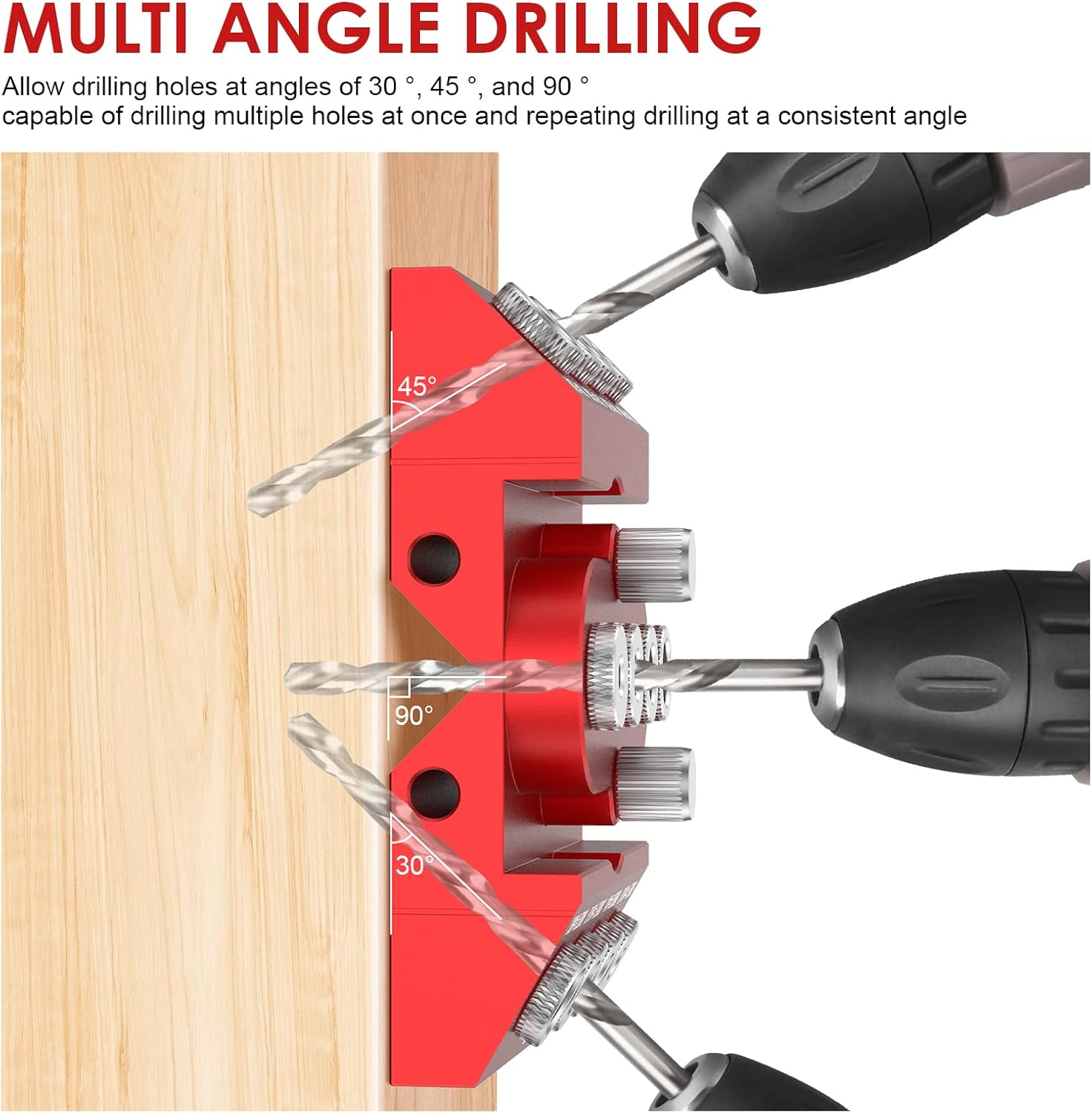 30 45 90 Degree Angle Drill Guide Jig Drill Block, Aluminum Alloy Multi Angle Drill Locator, Straight and Angled Hole Drill Positioner with Positioning Bar, Hole Punch Guide Fixture for Woodworking