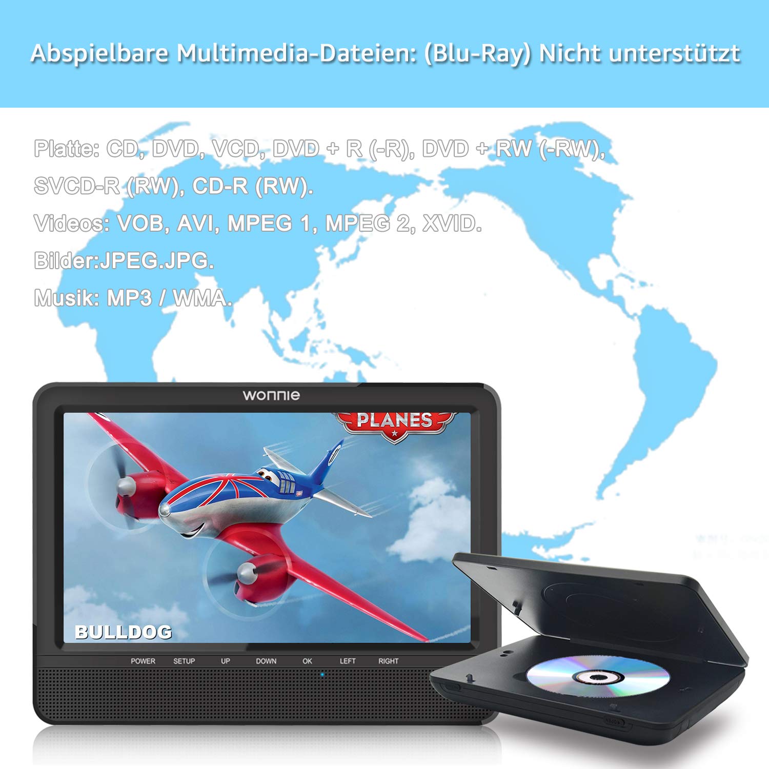 wonnie Téléviseur portable voiture lecteur DVD, avec deux 10.5 pouces TFT écran LED, avec une résolution 1024 * 600 Support de appui-tête, soutien USB/SD, idéal pour voyage des familles