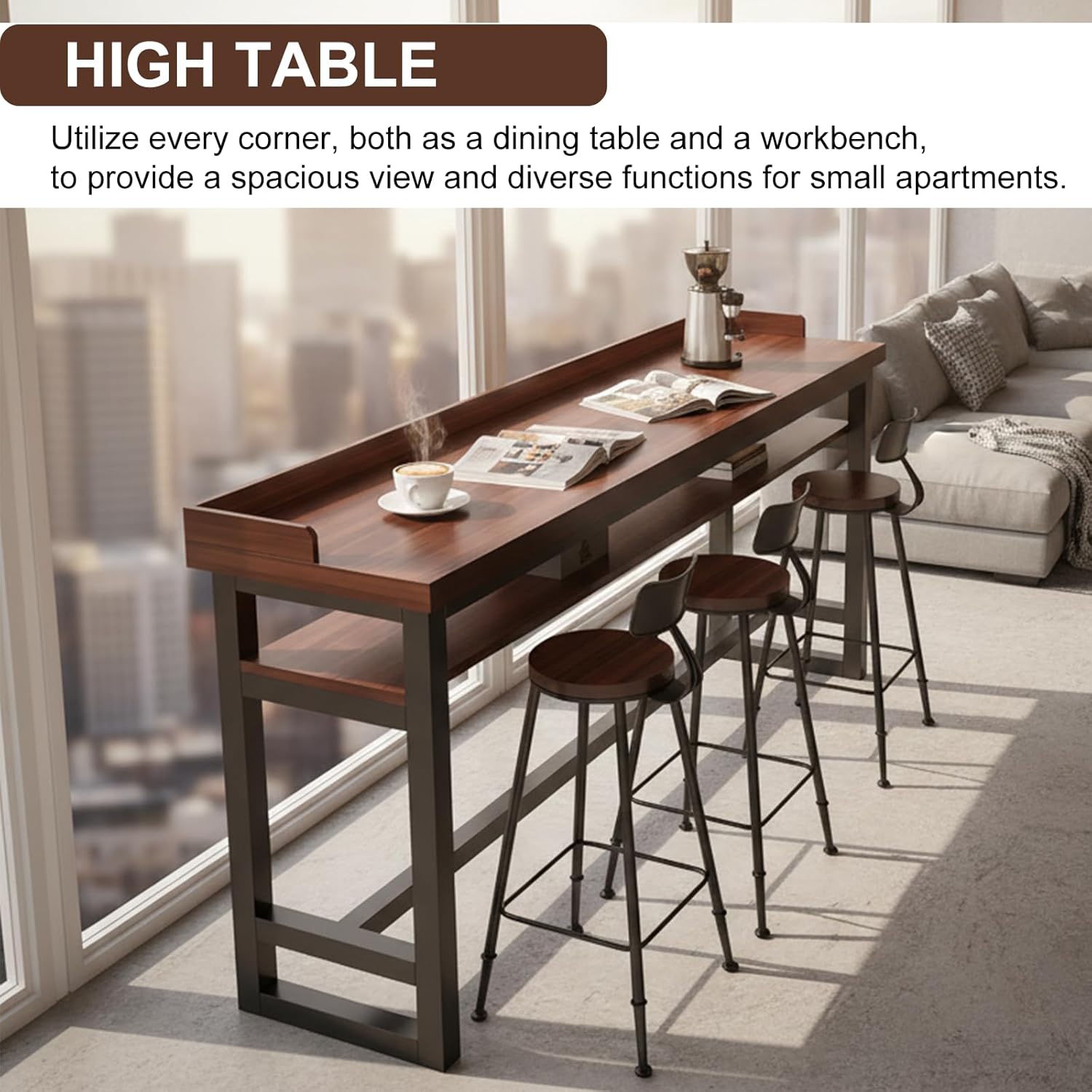 Solid Wood Rectangular Bar Table - Metal Frame Long Sofa Table for Kitchen, Dining Room, Coffee Shop & Home Bar No Chairs Dark Walnut(Double Layer/Guard) 47.3×23.7×29.6"
