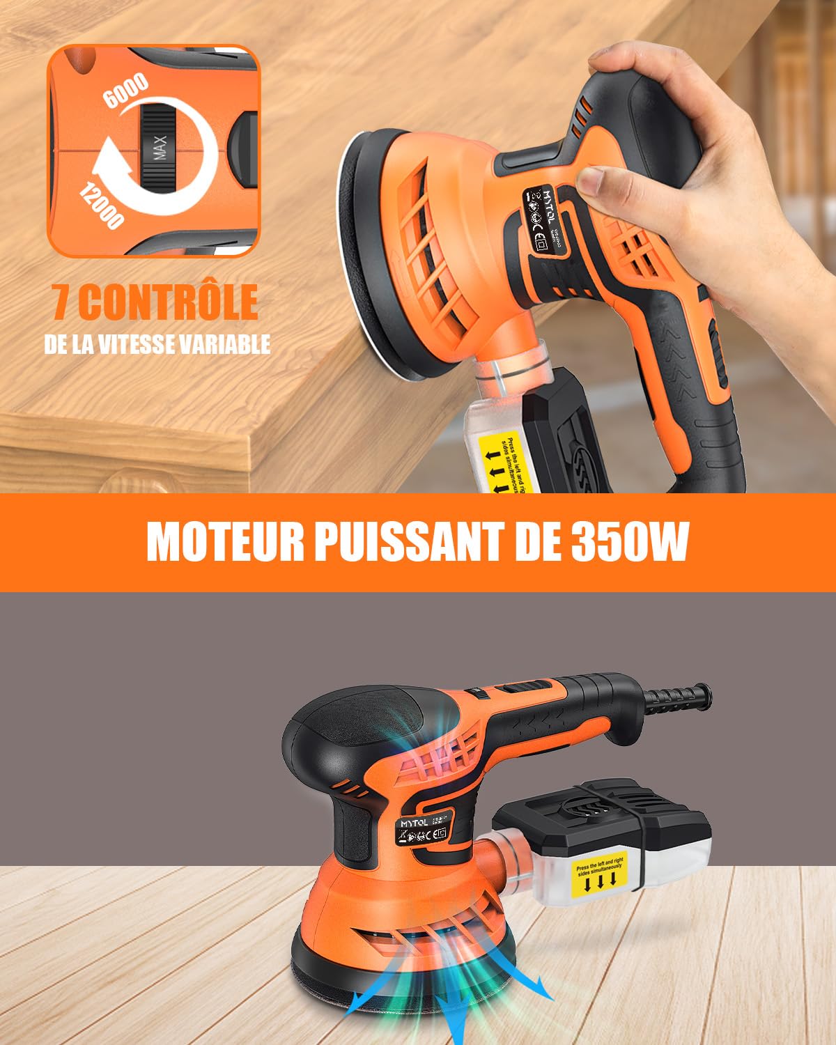MYTOL Ponceuse Excentrique 350W, 7 Vitesses Variables, 14pcs de Papier de Verre (2 Papiers de Verre sans Poussière)et Dépoussiéreur, 6000-13000 U/min, 125MM Ponceuse Orbitale pour le ponçage/polissage