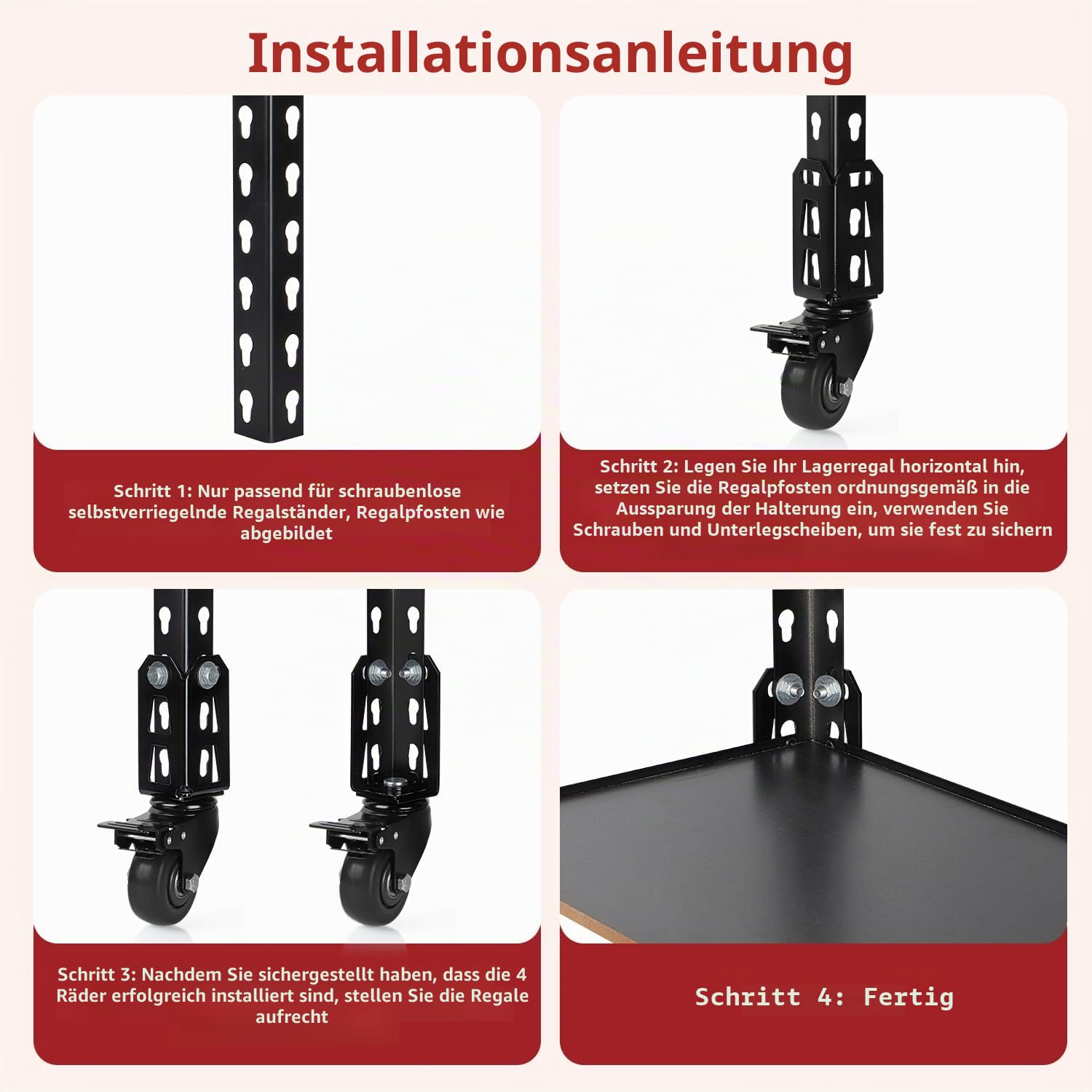 75 mm große Lenkrollen mit Bremsen, 4 Stück, Zubehör für Regalregale, passend für schraubenlose, selbstsichernde Regalregale, Gesamtbelastbarkeit 453,6 kg