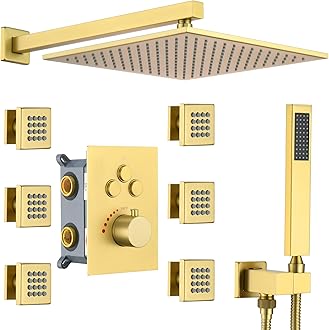 Luxury Thermostatic Rain Shower System with 6 Body Shower Jets & 12-Inch Shower Head, Brushed Gold Wall Mount Shower Faucet Set Complete with Push Button Thermostatic Valve & Shower Handheld