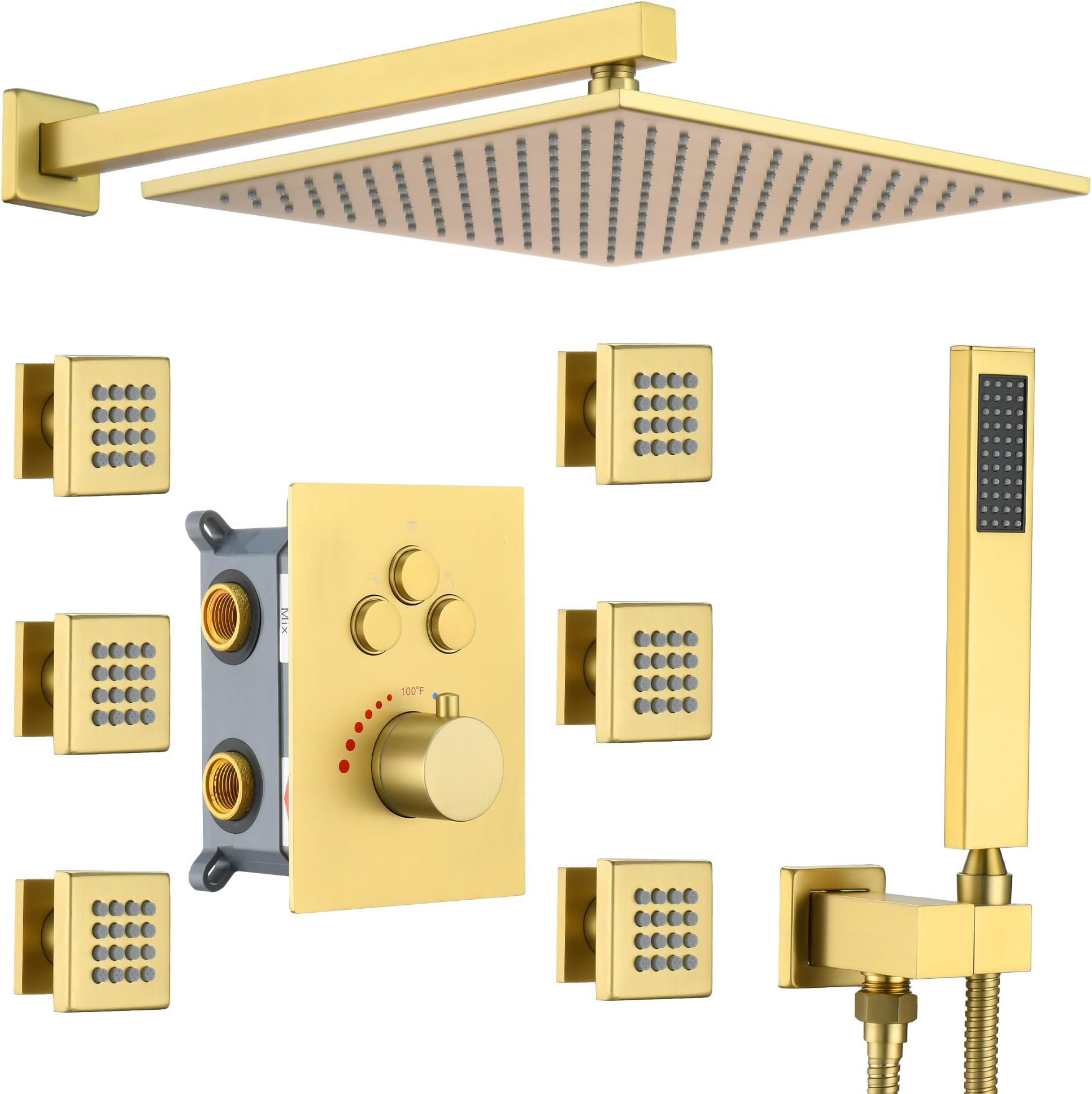 Luxury Thermostatic Rain Shower System with 6 Body Shower Jets & 12-Inch Shower Head, Brushed Gold Wall Mount Shower Faucet Set Complete with Push Button Thermostatic Valve & Shower Handheld