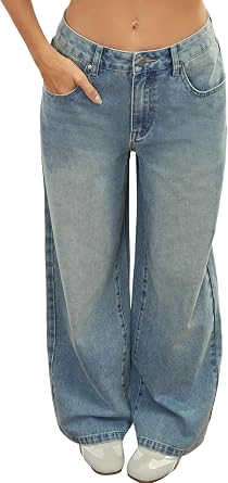 Adjustable Waist Straight Leg Jeans for Women Y2K Baggy Jeans with Snap-Button High Rise Denim Pants