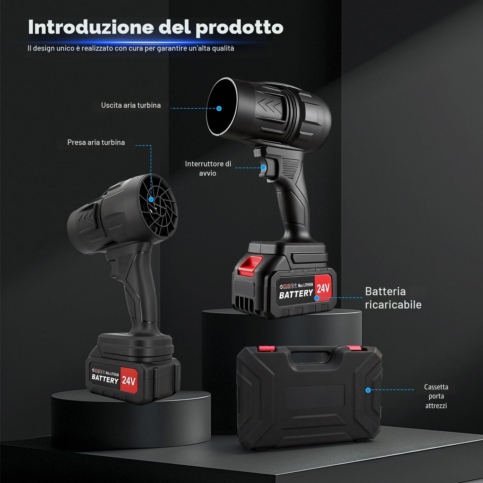 Soffiatore 21V 250000 tr/min, 130 MPH, 2 Batterie – Giardino/Auto/Campeggio | Motore 550 W, Portata 130 MPH, Leggero 0,8 kg, Impugnatura Ergonomica, Autonomia 30 min – Uso Interno/Esterno