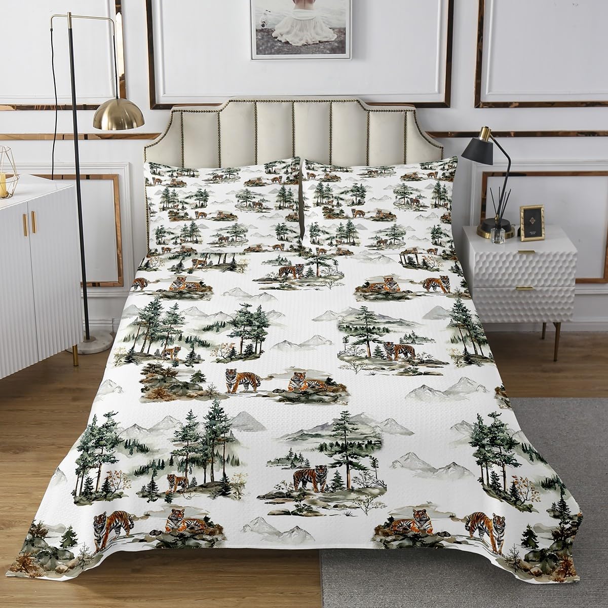 Erosebridal Cute Rabbit Bedspread Set King for Girls Women Kawaii Bunny Quilt Set Oriental Watercolor Painting Bedspread Sets Rustic Nature Woodland Coverlet Set