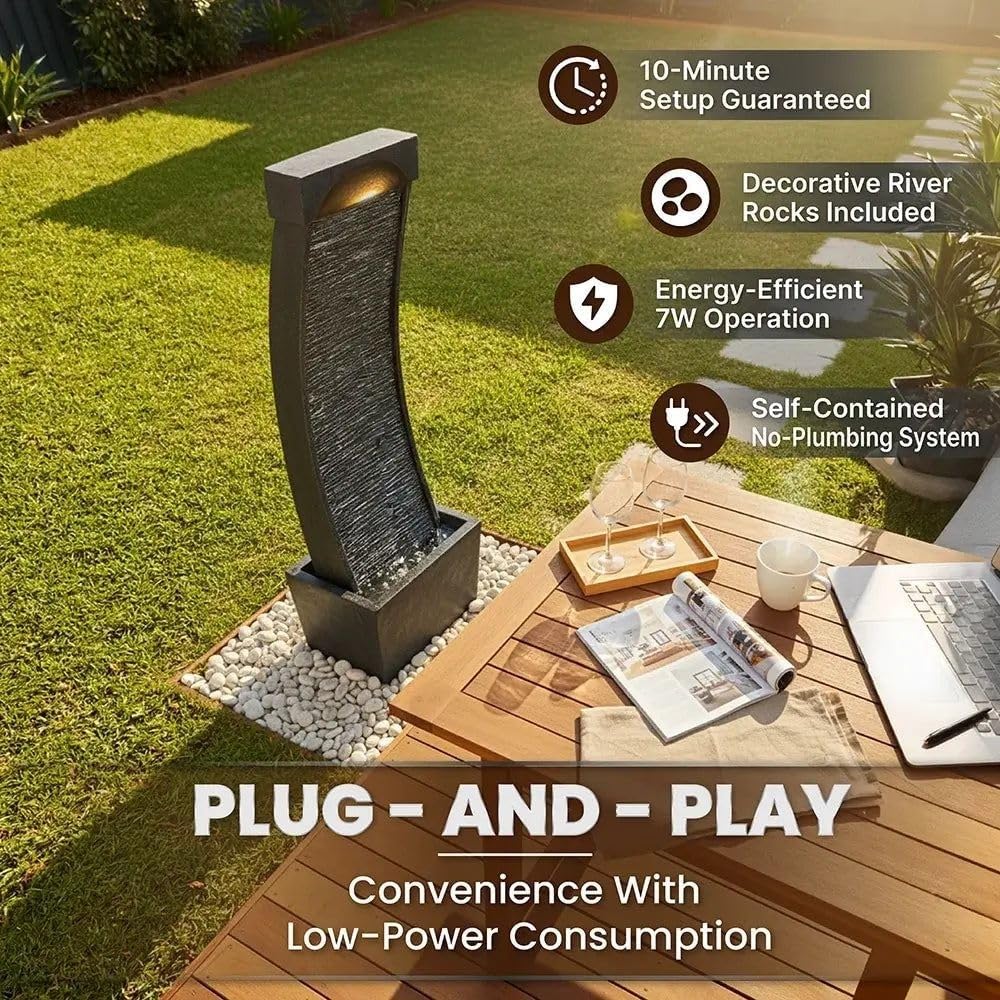 Premium Stone-Look Outdoor Water Fountain with LED Lights – 5-Minute Setup, Quiet Pump & Realistic Slate Design for Garden or Patio