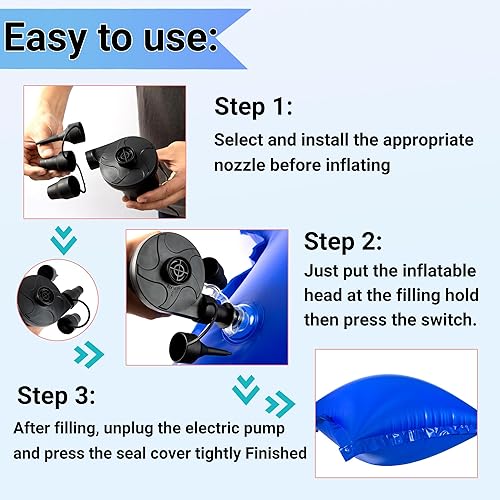 Miniatura 4 de Geowaky Bomba de aire eléctrica para inflables, bomba portátil de colchón de aire para infladordeflador con 3 boquillas, bomba eléctrica para sofá