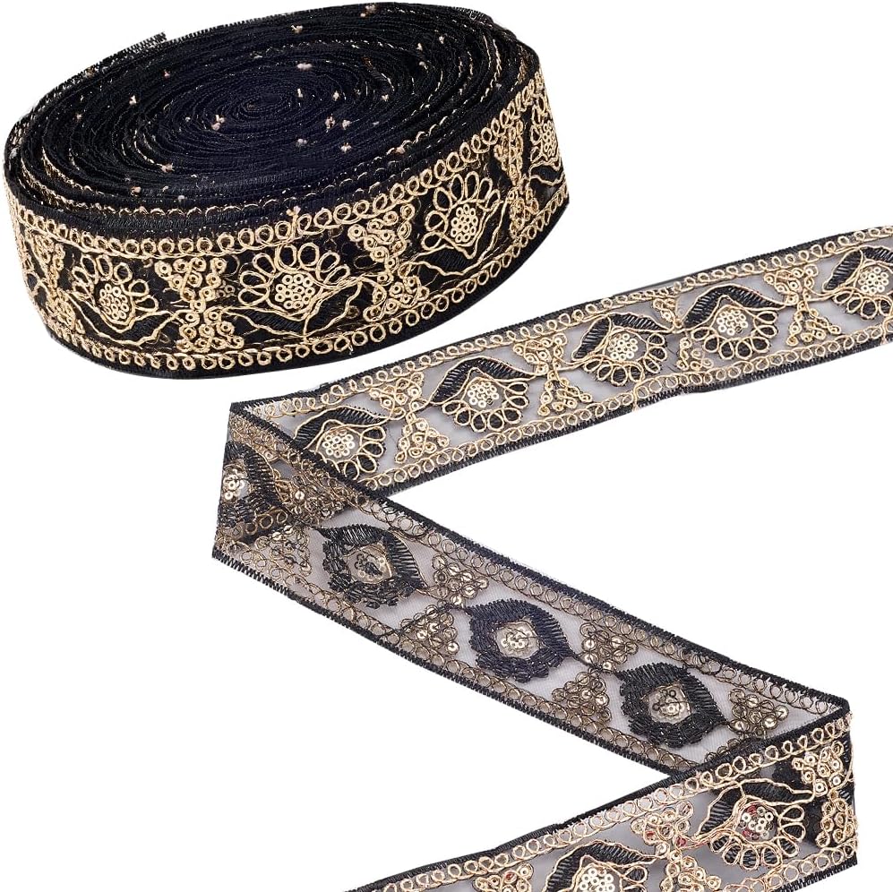 GORGECRAFT 13.7m Metallic Venice Flower Lace Ribbon 4cm Gold Sequins Lace Mesh Trim Vintage Crochet Applique Sewing Craft Supplies Embroidery Edge Trimming for Curtain Tablecloth Bridal Decor