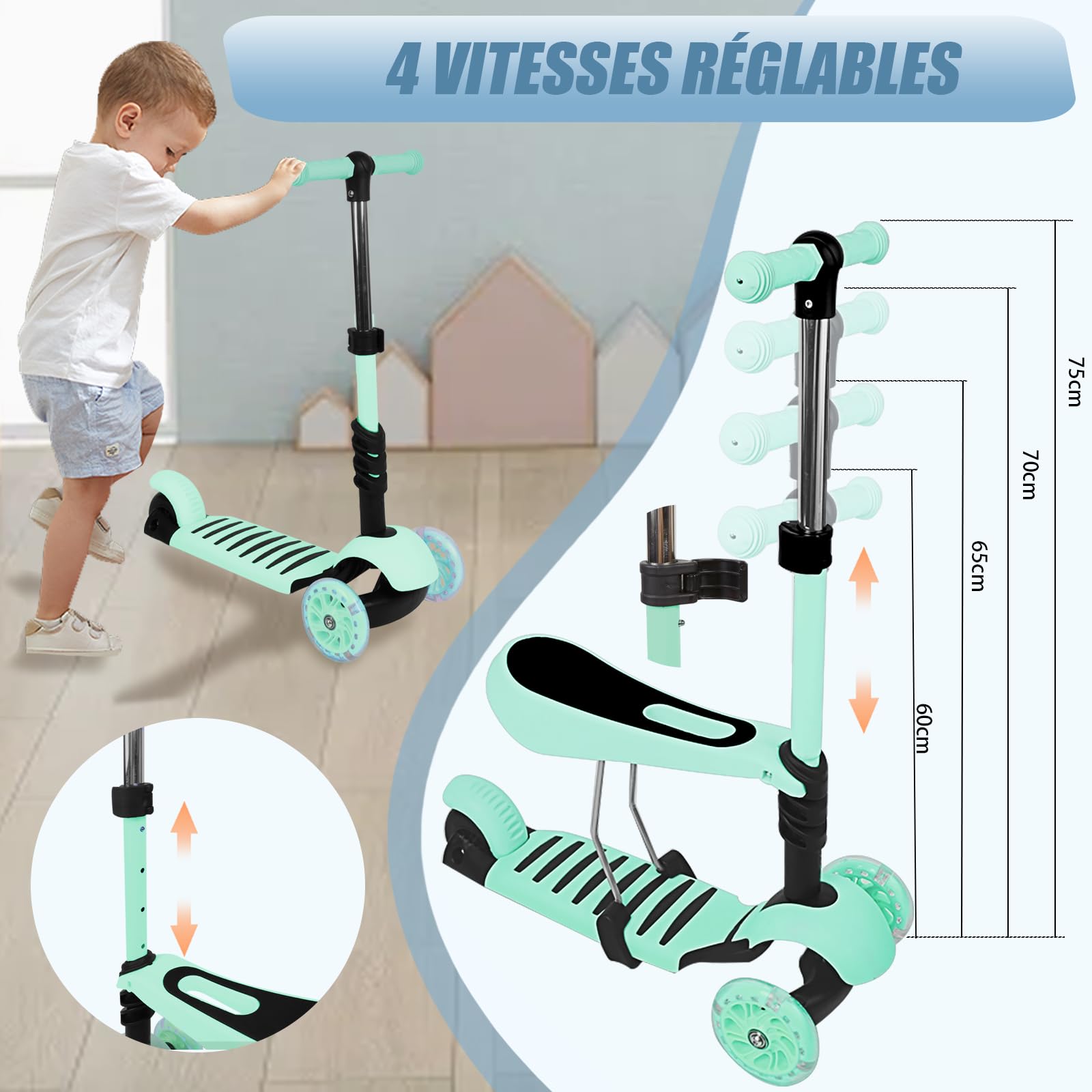 Patinete con asiento 3 en 1, 3 ruedas, bandeja antideslizante LED, patinete triciclo ajustable en altura, patinete infantil para niños de 18 meses a 8 años