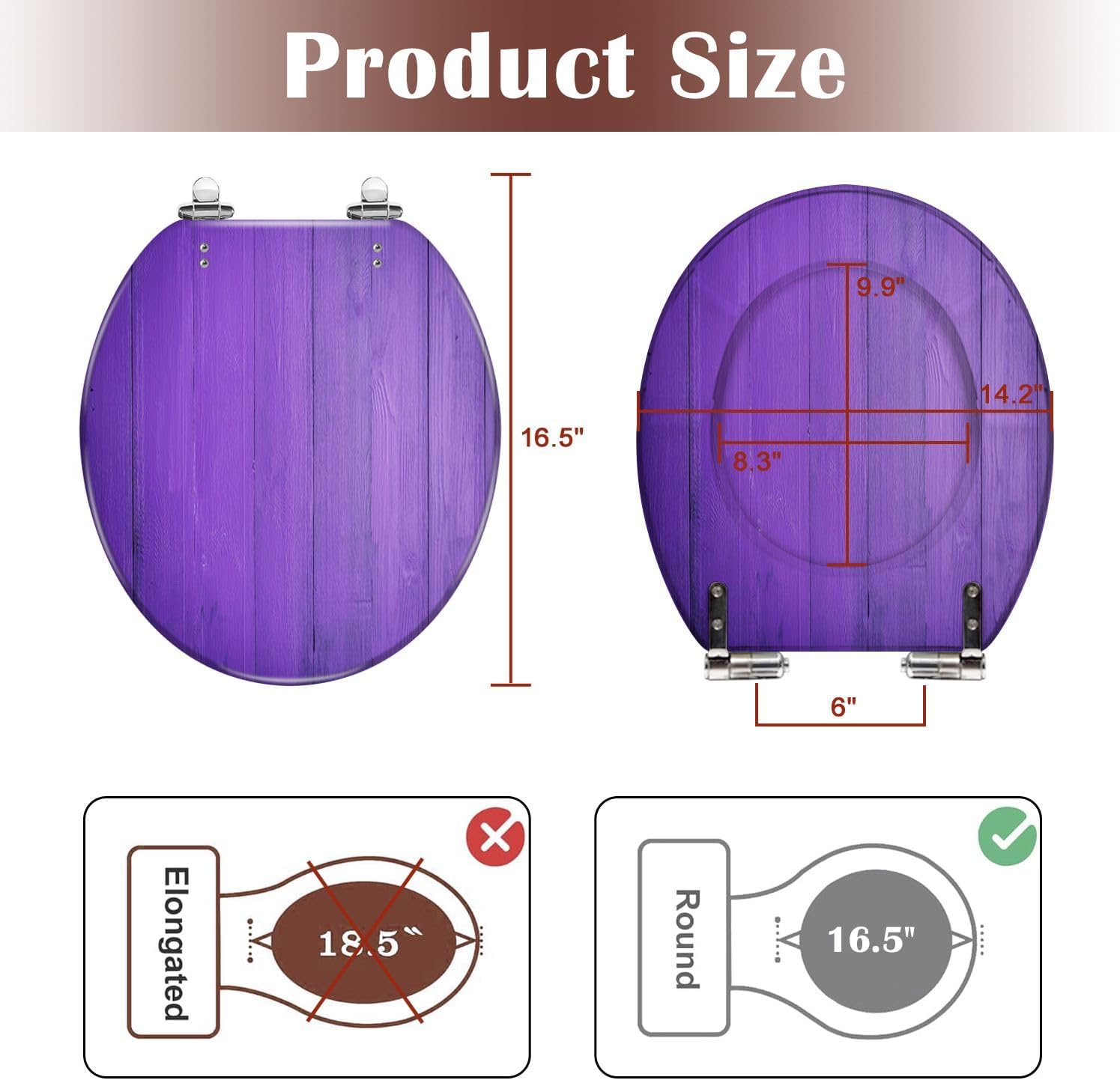 Round Toilet Seat Purple wood texture Resin Toilet Seat Slow Quiet Close with Quick-Release Hinges Toilet Seat with Cover Easy to Clean Install