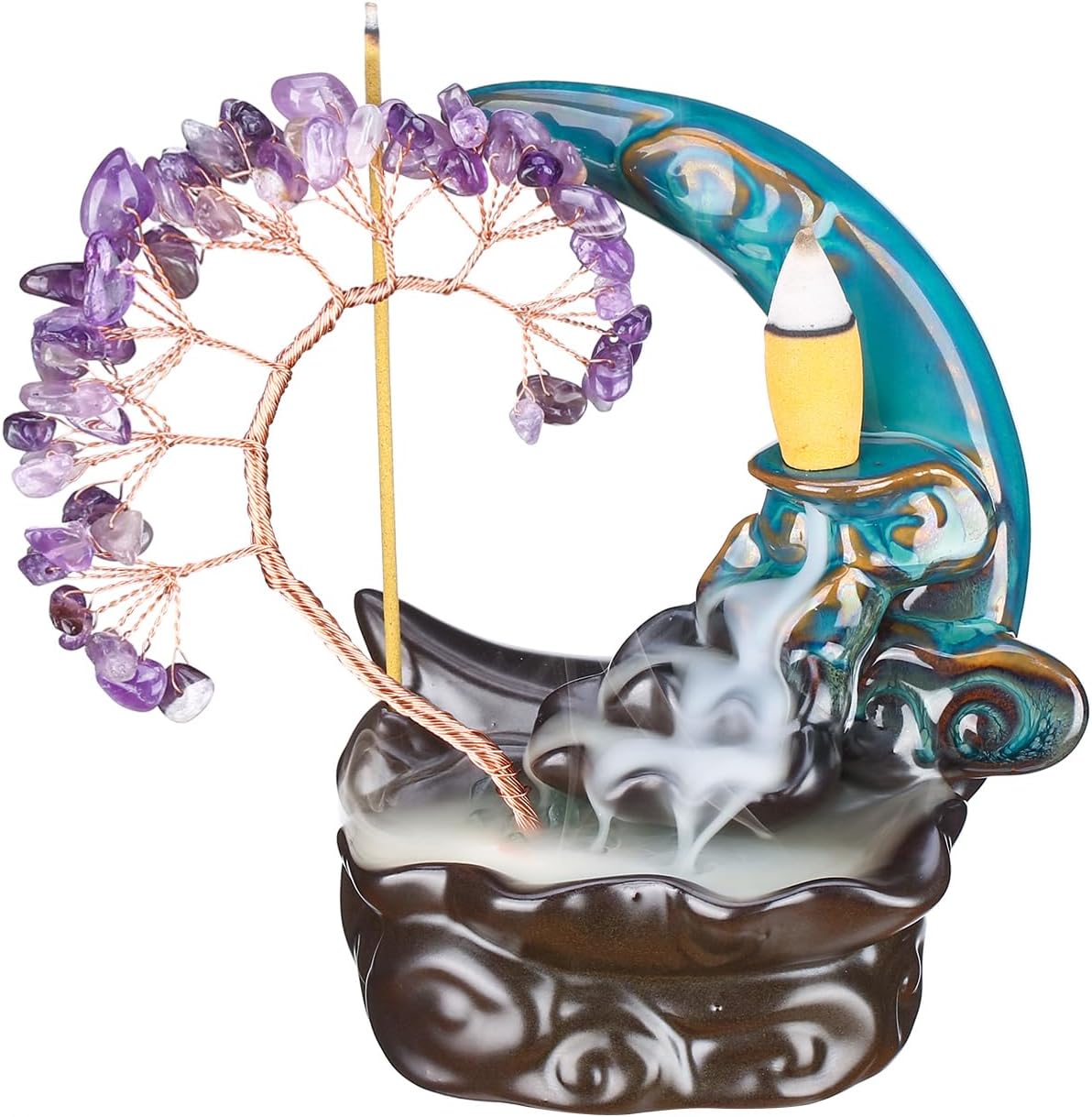 Incense Waterfall Moon Backflow Incense Burner Ceramic Incense Holders Amethyst Crystal Tree Incense Holder Namaste Yoga Meditation and Home Decor