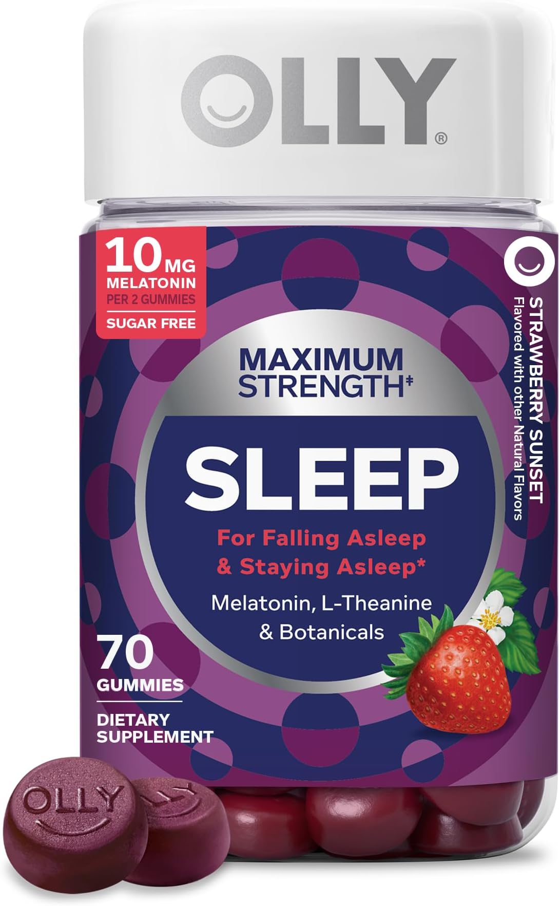 OLLY Max Strength Sleep Gummy, 10mg Melatonin, L-Theanine, Chamomile, Lemon Balm, Sugar Free, Vegetarian Sleep Aid, Strawberry - 70 Count