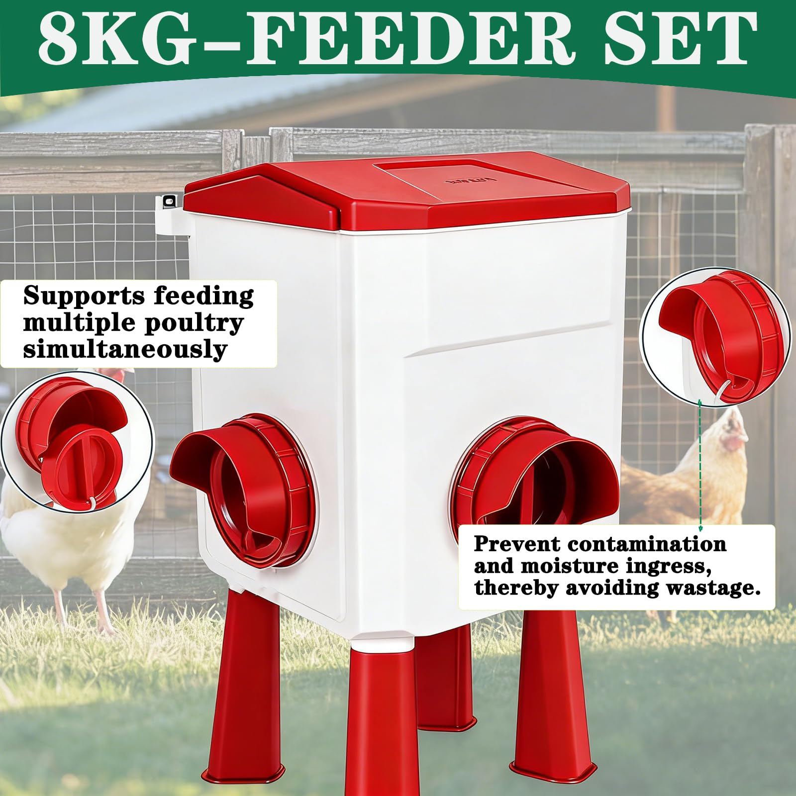 10L Abbeveratoio per Galline E Mangiatoia per Galline Mangiatoia Regolabile 2 in 1 per Pollame, with 4 Water Cup And 2 Feeding Ports per Anatre Quaglie Tacchini E Pulcini,Rosso,Feeding Trough