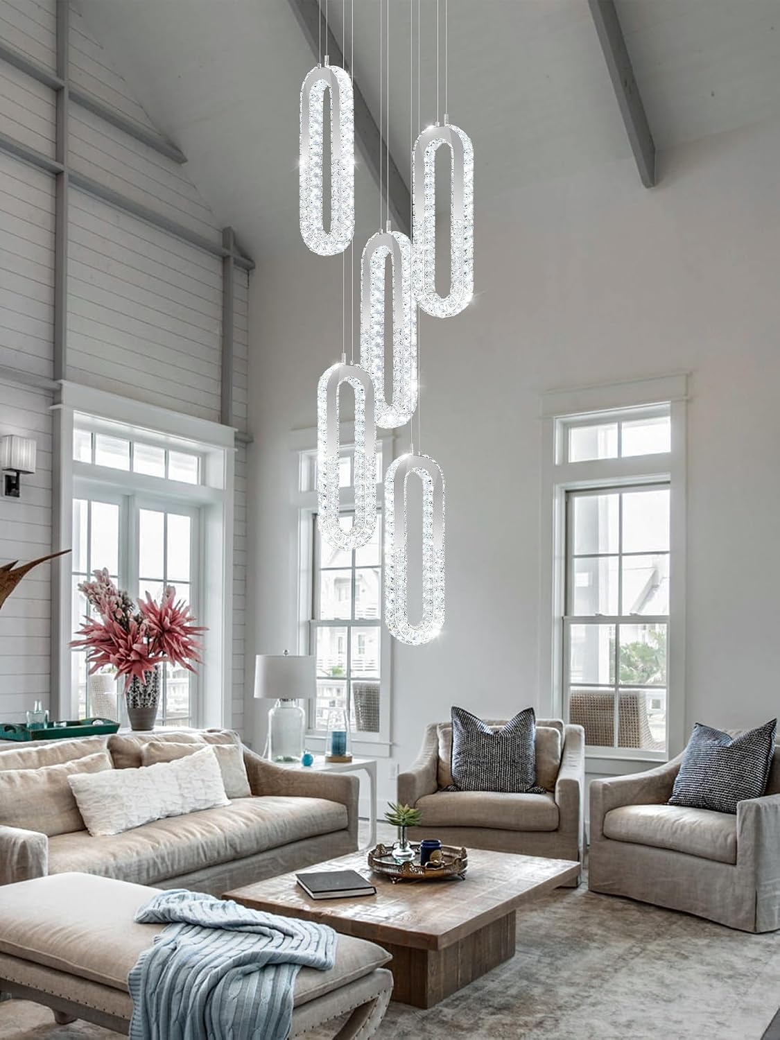 ABTTOL Modern Crystal Chandelier, LED Pendant Light Fixture 5-Ring High Ceiling Chandelier, Silver Crystal Ring Chandeliers for Staircase,Dining Room,Foyer,Living Room 2700K-6000K