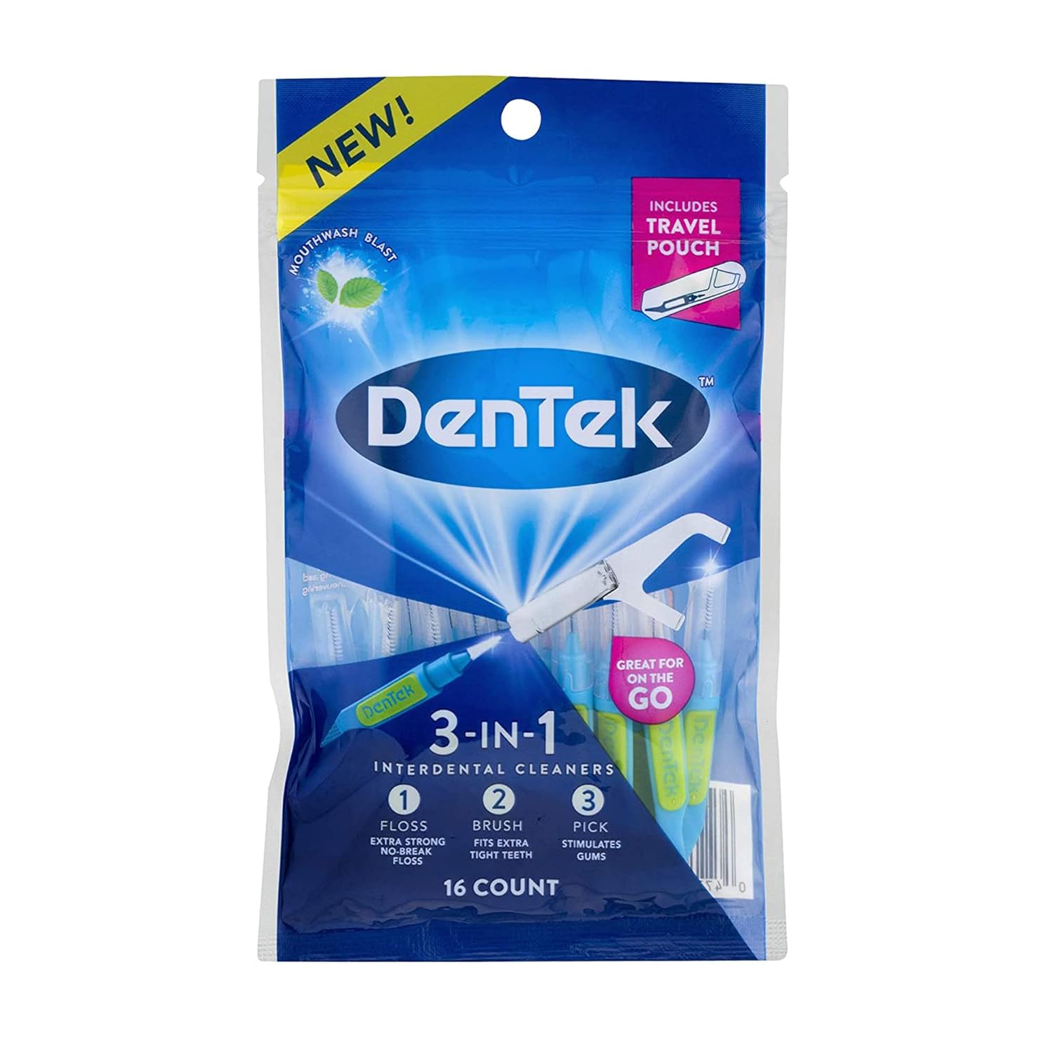 DenTek 3-In-1 Interdental Cleaners | Floss, Brush, Pick, Travel Pouch | 16 Count : Health & Household